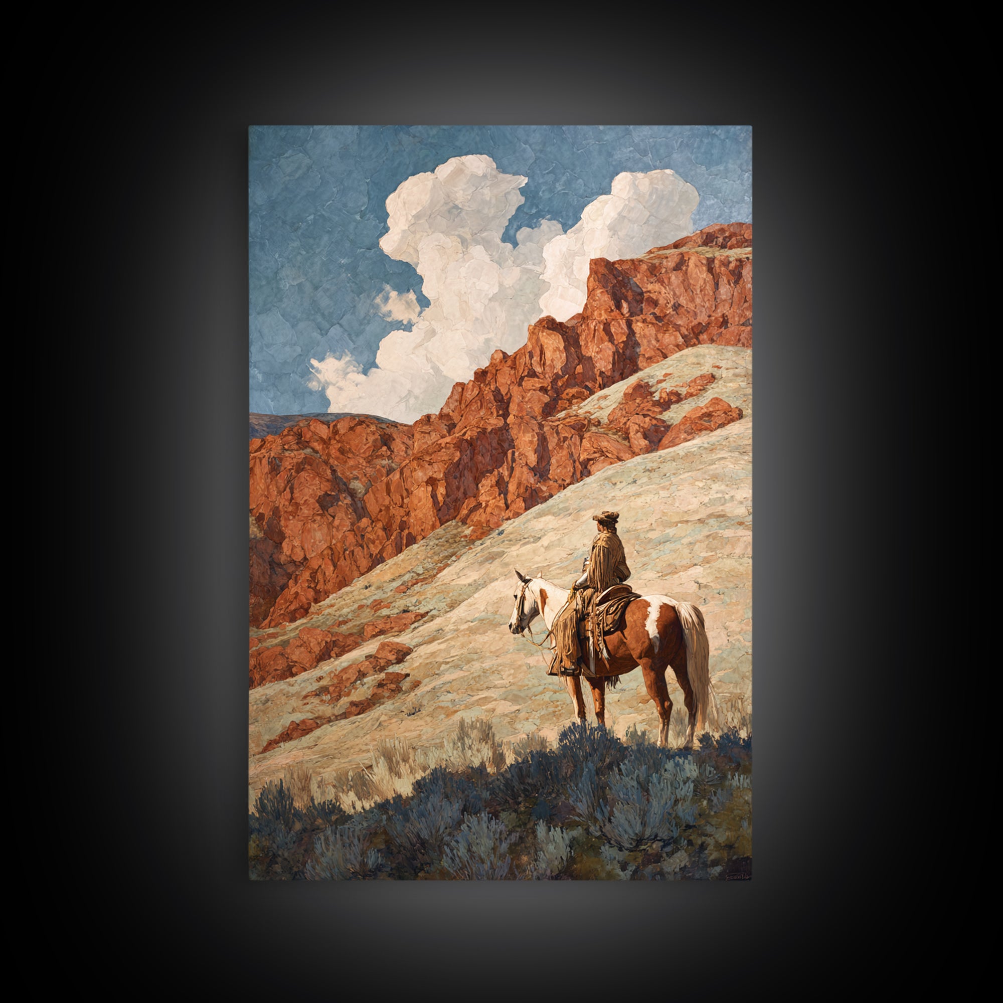 Eagle Flying Above Mountain Ridge Framed Canvas Print, Western Art, Oil Painting, Southwestern Decor, Fine Art, Frontier, WES-2x3-21