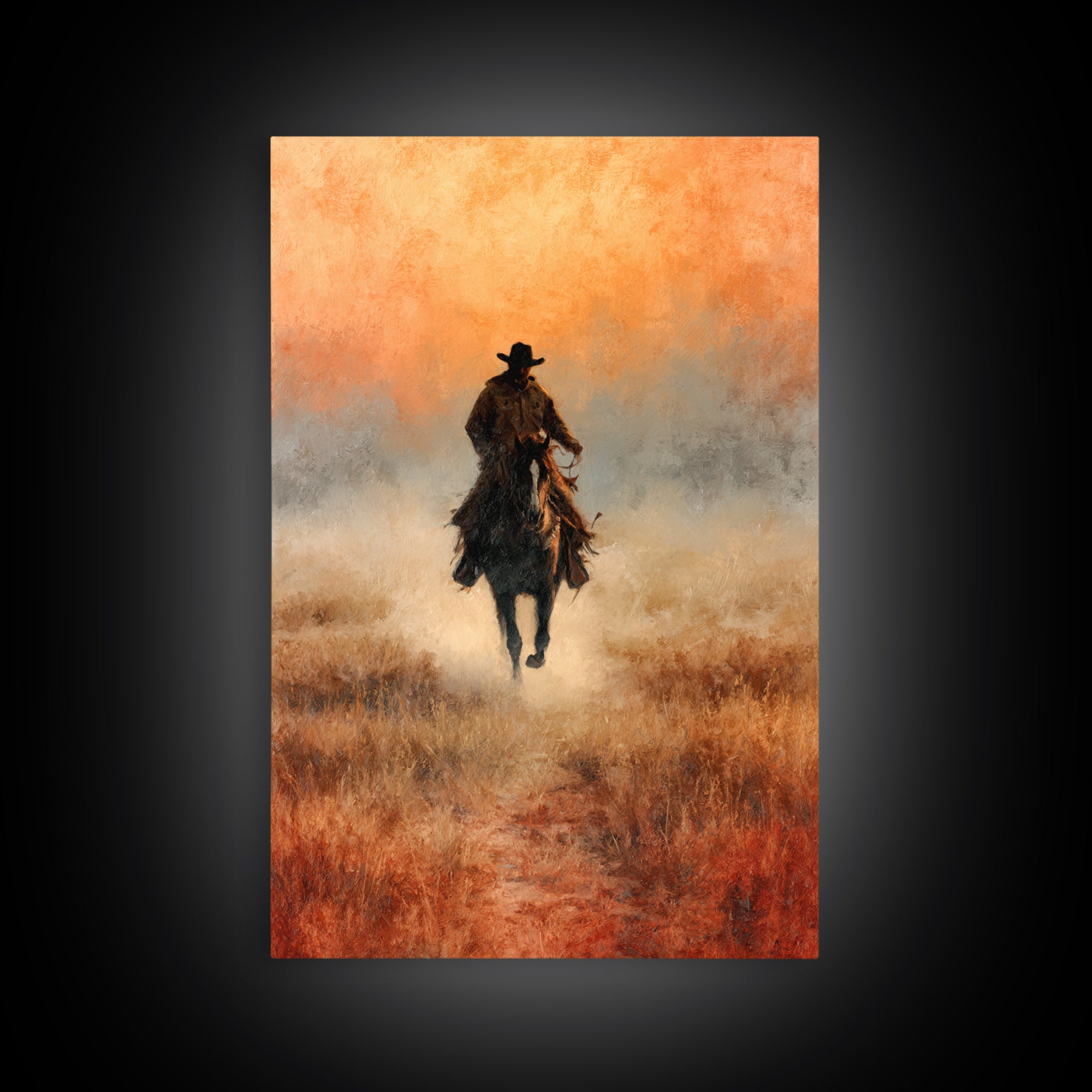 Cowboy Riding Across Dusty Sunset Plains Canvas Print, Western Art, Landscape Painting, Southwestern Decor, Frontier, WES-2x3-33