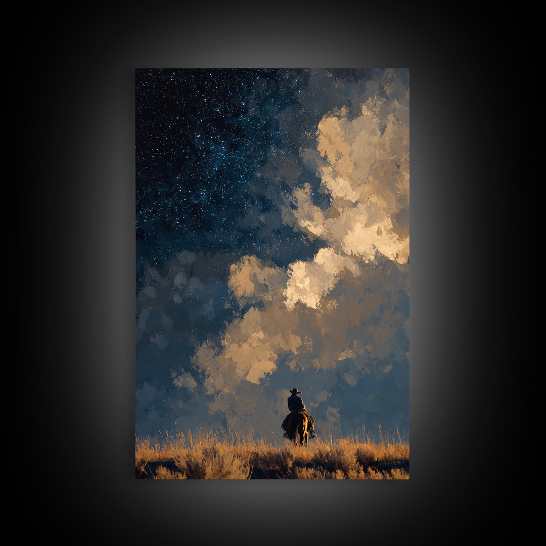Cowboy Campfire under Starry Sky Framed Canvas Print, Western Art, Art, Southwestern Decor, Frontier, Western Wall Art, WES-2x3-46