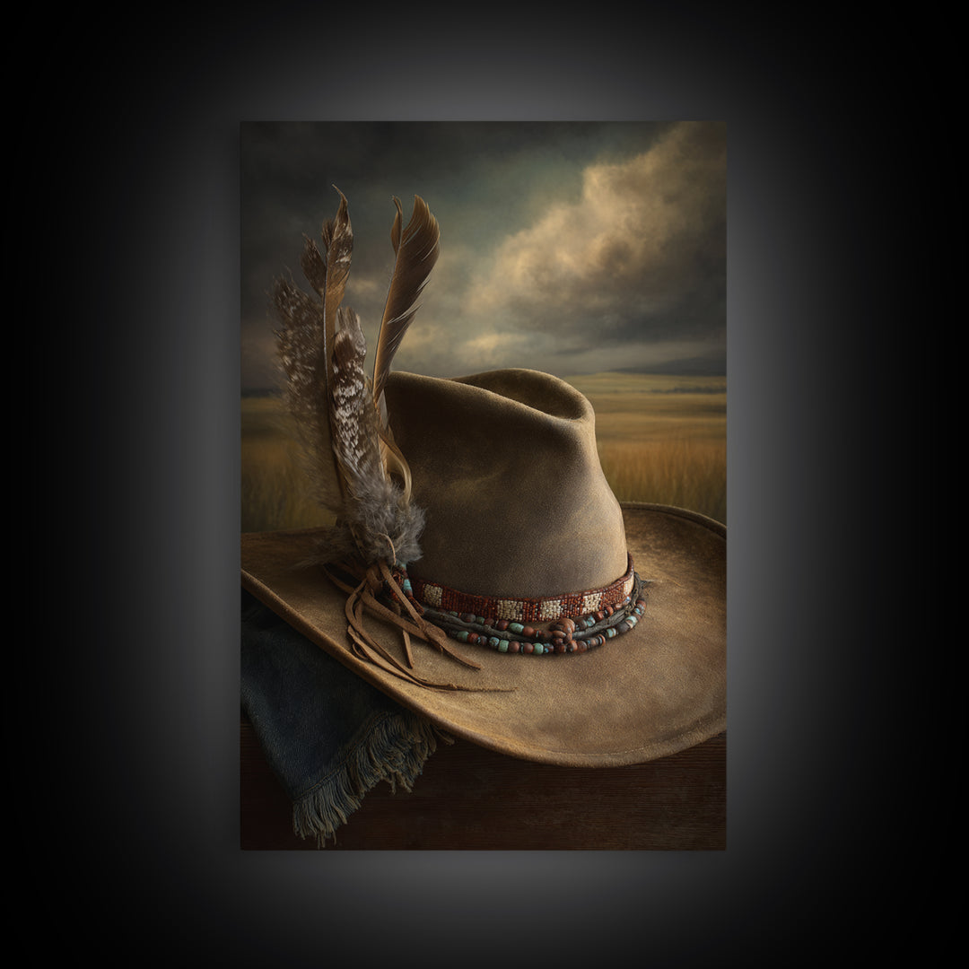 Cowboy Hat with Feathers and Beads Canvas Print, Western Art, Painting, Southwestern Decor, Fine Art, Frontier, Trendy Wall Art, WES-2x3-54