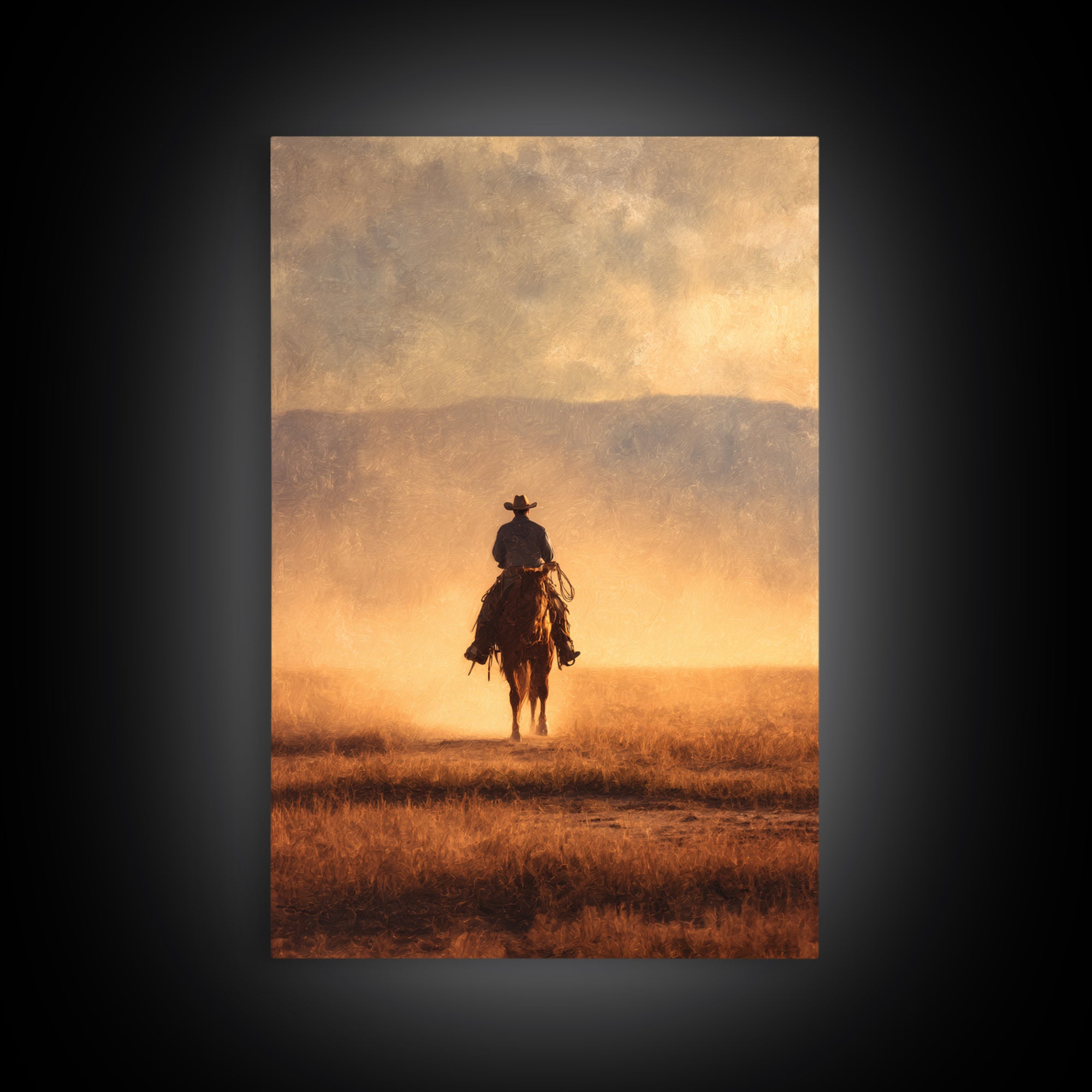 Cowboy Riding Across Dusty Sunset Plains Canvas Print, Western Art, Native American Art, Southwestern Decor, Oil Painting, WES-2x3-57