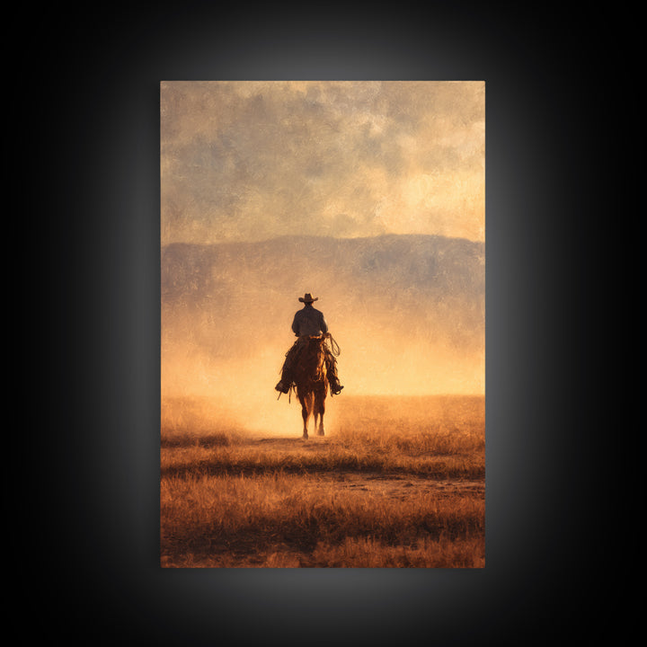 Cowboy Riding Across Dusty Sunset Plains Canvas Print, Western Art, Native American Art, Southwestern Decor, Oil Painting, WES-2x3-57