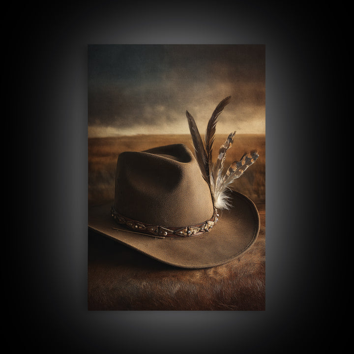 Cowboy Hat with Feathers and Beads Framed Canvas Print, Western Art, Minimalist Decor, Southwestern Decor, Fine Art, Frontier, WES-2x3-6
