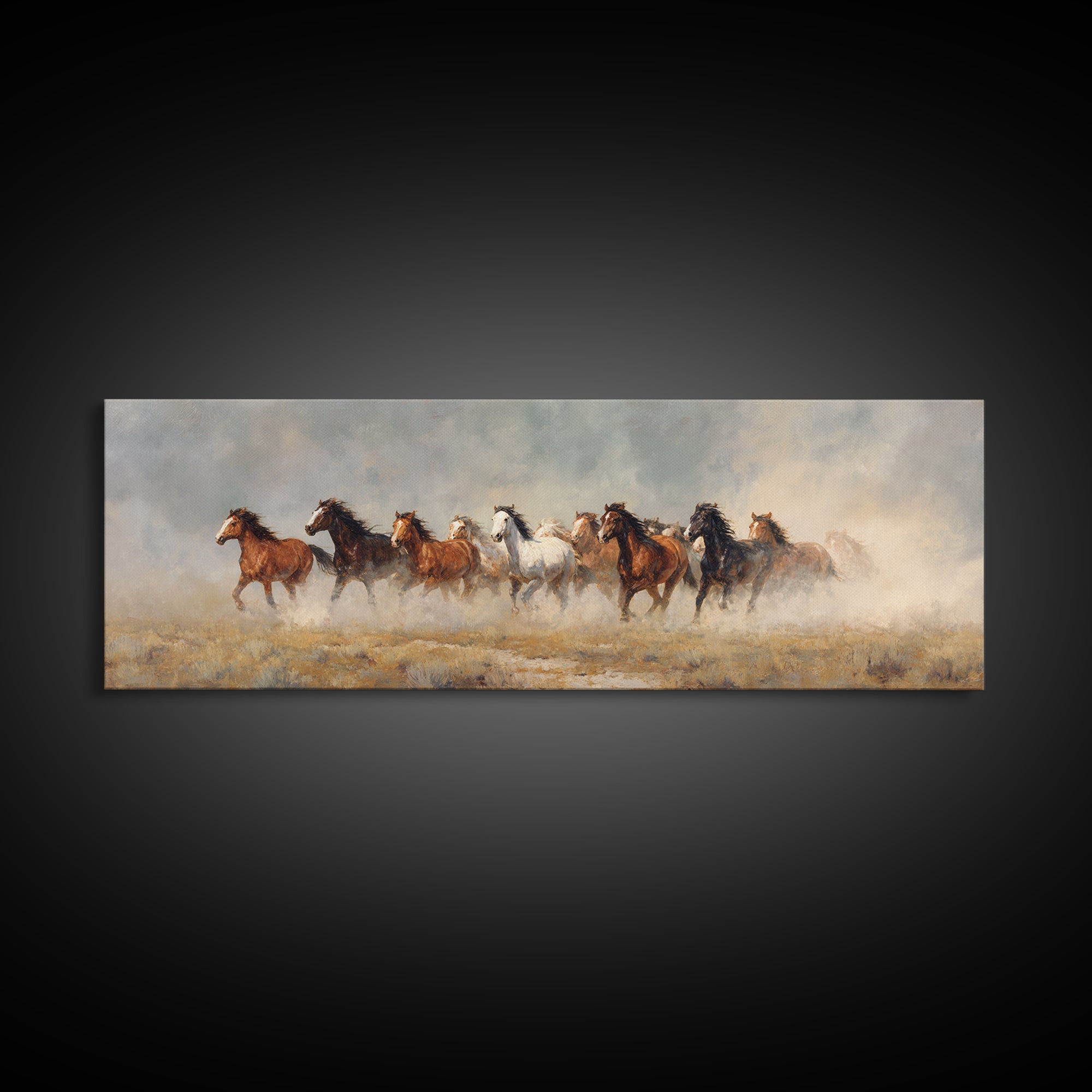 Wild Mustang Herd Framed Canvas Print, Western Art, Minimalist Wall Art, Southwestern Decor, Fine Art, Frontier, Horse Art, WES-3x1-18