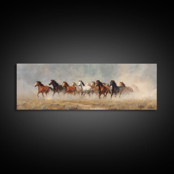 Wild Mustang Herd Framed Canvas Print, Western Art, Minimalist Wall Art, Southwestern Decor, Fine Art, Frontier, Horse Art, WES-3x1-18