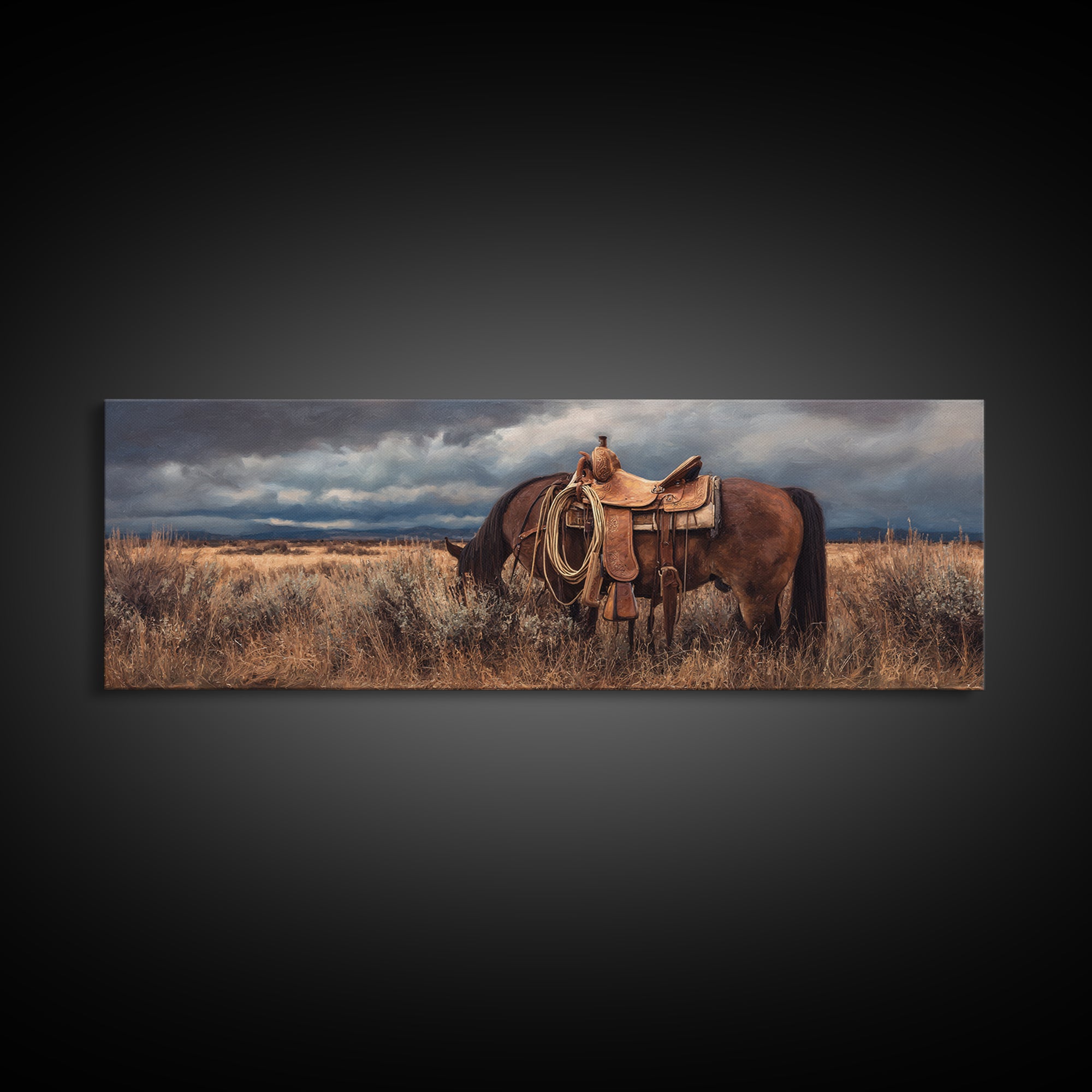 Western Saddle and Rope on Weathered Wood Framed Canvas Print, Western Art, Printable Art, Southwestern Decor, Frontier, WES-3x1-2