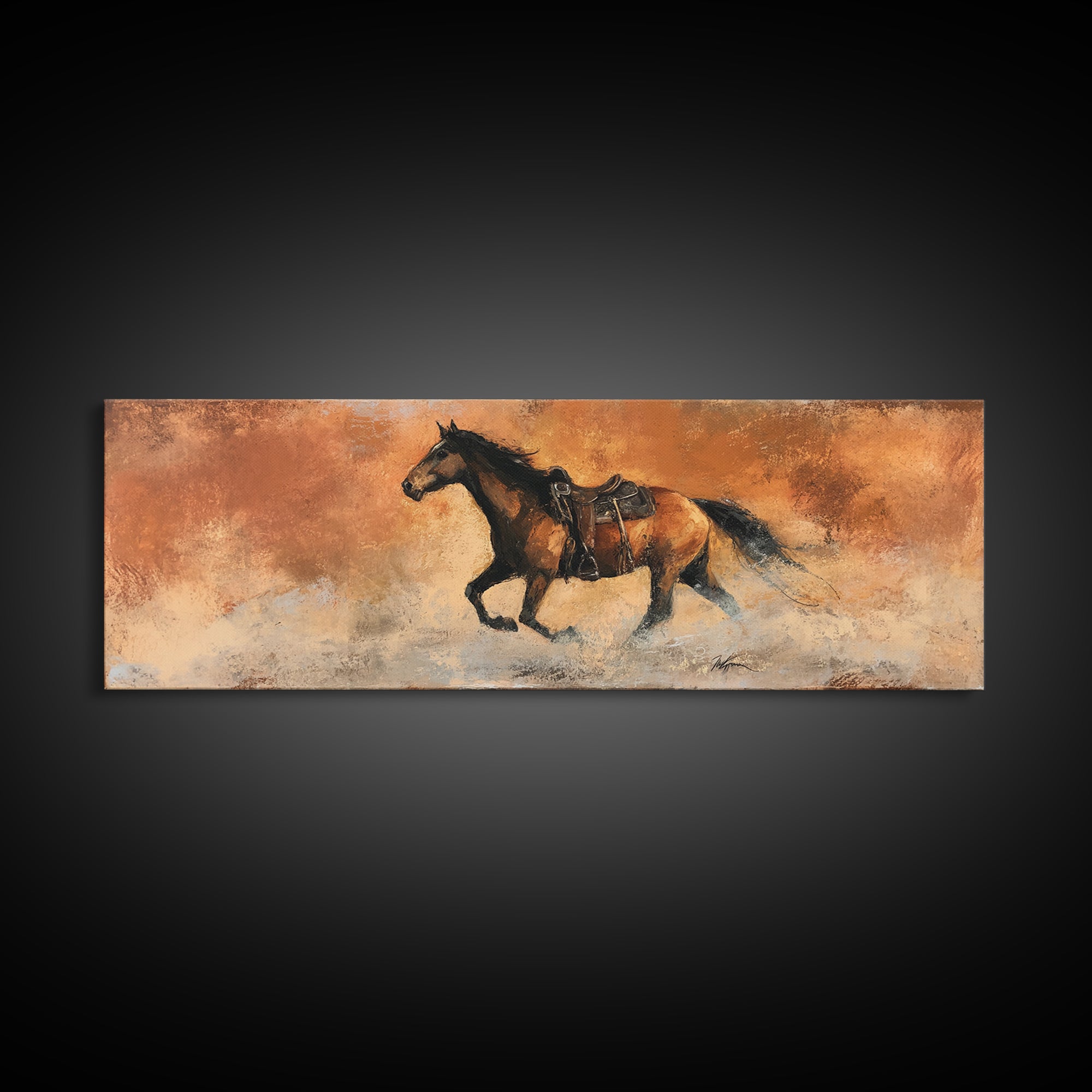 Buckskin Horse in Golden Prairie Light Framed Canvas Print, Western Art, Room Decor, Southwestern Decor, Fine Art, Frontier, WES-3x1-23