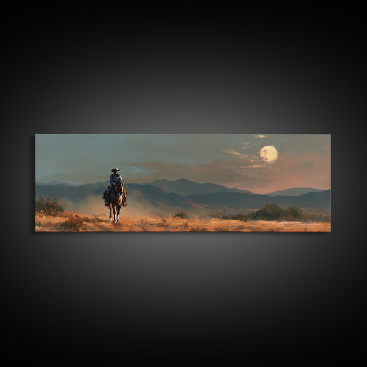 Desert Moon over Lone Rider Canvas Print, Western Art, Fine Art Print, Southwestern Decor, Fine Art, Frontier, Wall Decor, WES-3x1-3