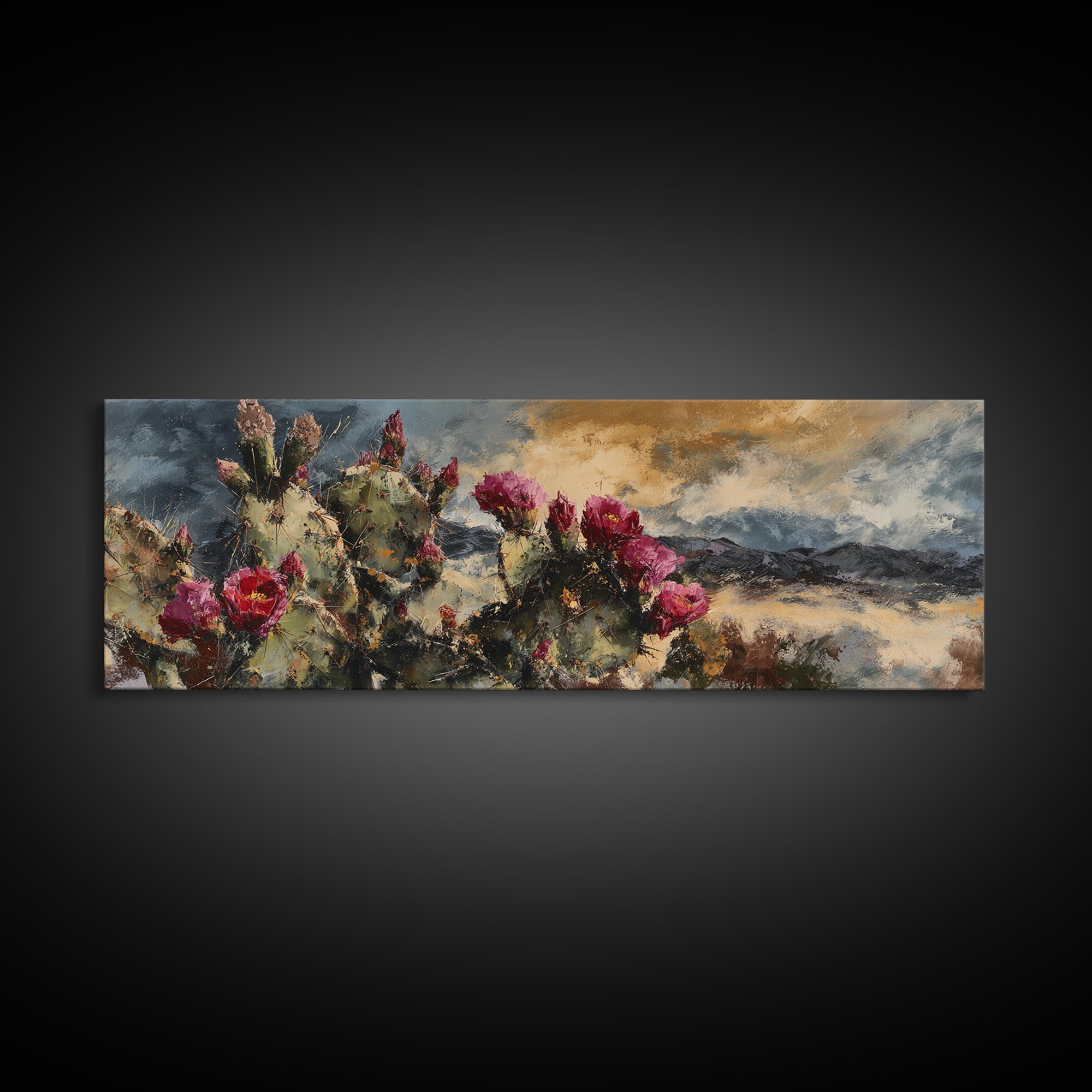 Prickly Pear Cactus Framed Canvas Print, Western Art, Rustic Wall Art, Southwestern Decor, Watercolor Art, Frontier, WES-3x1-32