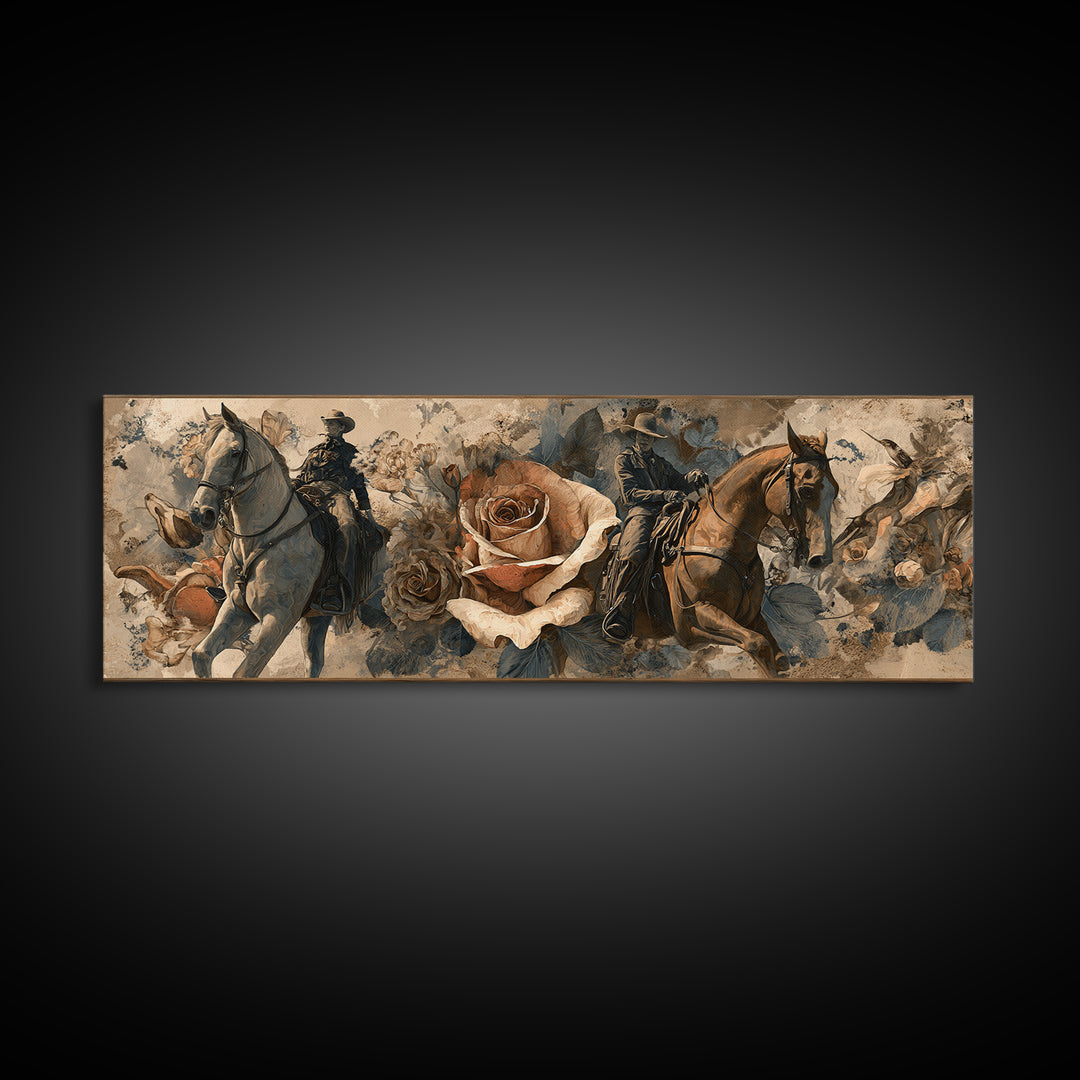 Old Revolver and Roses Framed Canvas Print, Western Art, Painting, Southwestern Decor, Fine Art, Frontier, Trendy Wall Art, WES-3x1-59