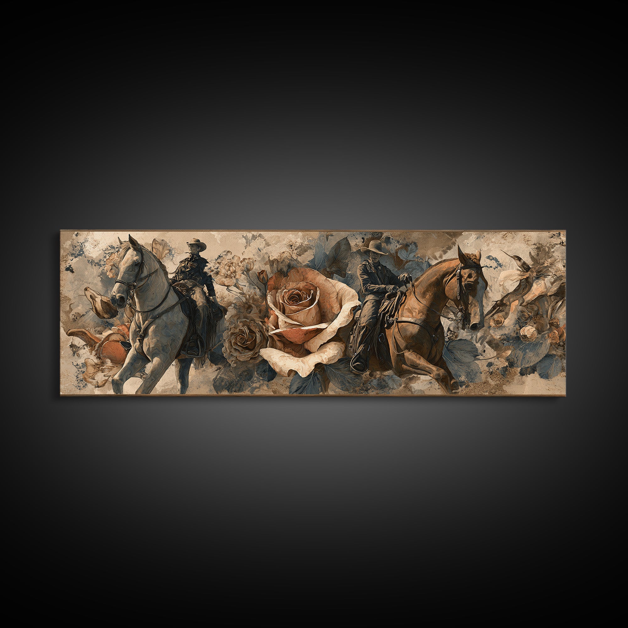 Old Revolver and Roses Framed Canvas Print, Western Art, Painting, Southwestern Decor, Fine Art, Frontier, Trendy Wall Art, WES-3x1-59