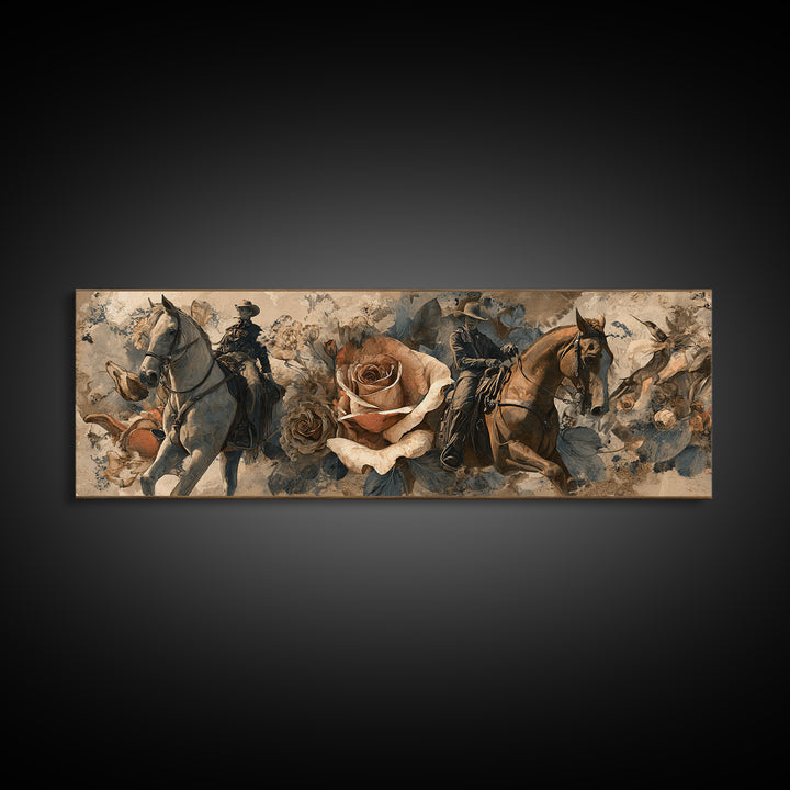 Old Revolver and Roses Framed Canvas Print, Western Art, Painting, Southwestern Decor, Fine Art, Frontier, Trendy Wall Art, WES-3x1-59