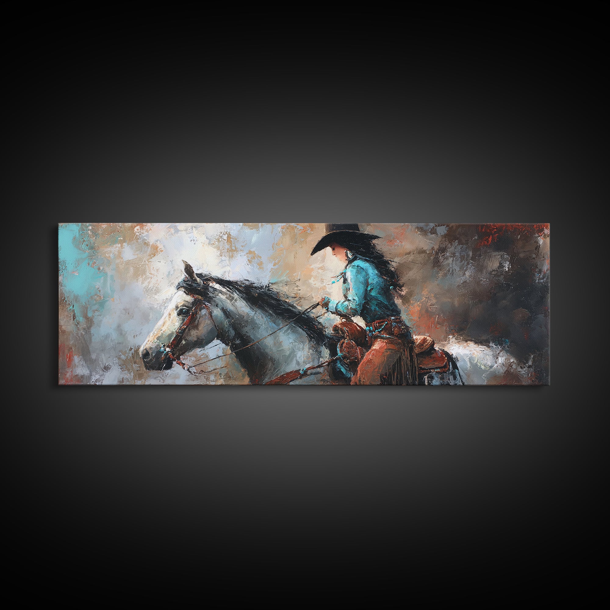 Cowgirl Portrait with Turquoise Jewelry Canvas Print, Western Art, Wall Art, Southwestern Decor, Oil Painting, Frontier, WES-3x1-70