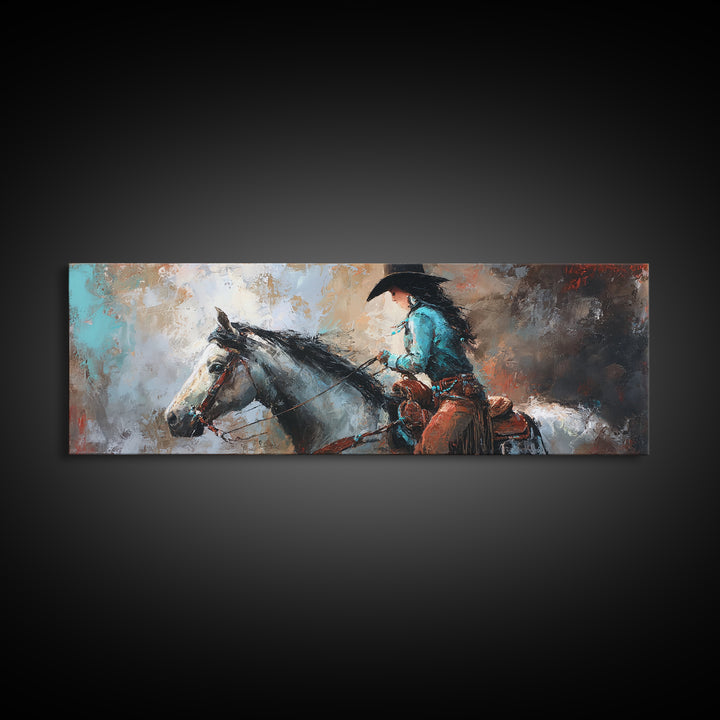 Cowgirl Portrait with Turquoise Jewelry Canvas Print, Western Art, Wall Art, Southwestern Decor, Oil Painting, Frontier, WES-3x1-70