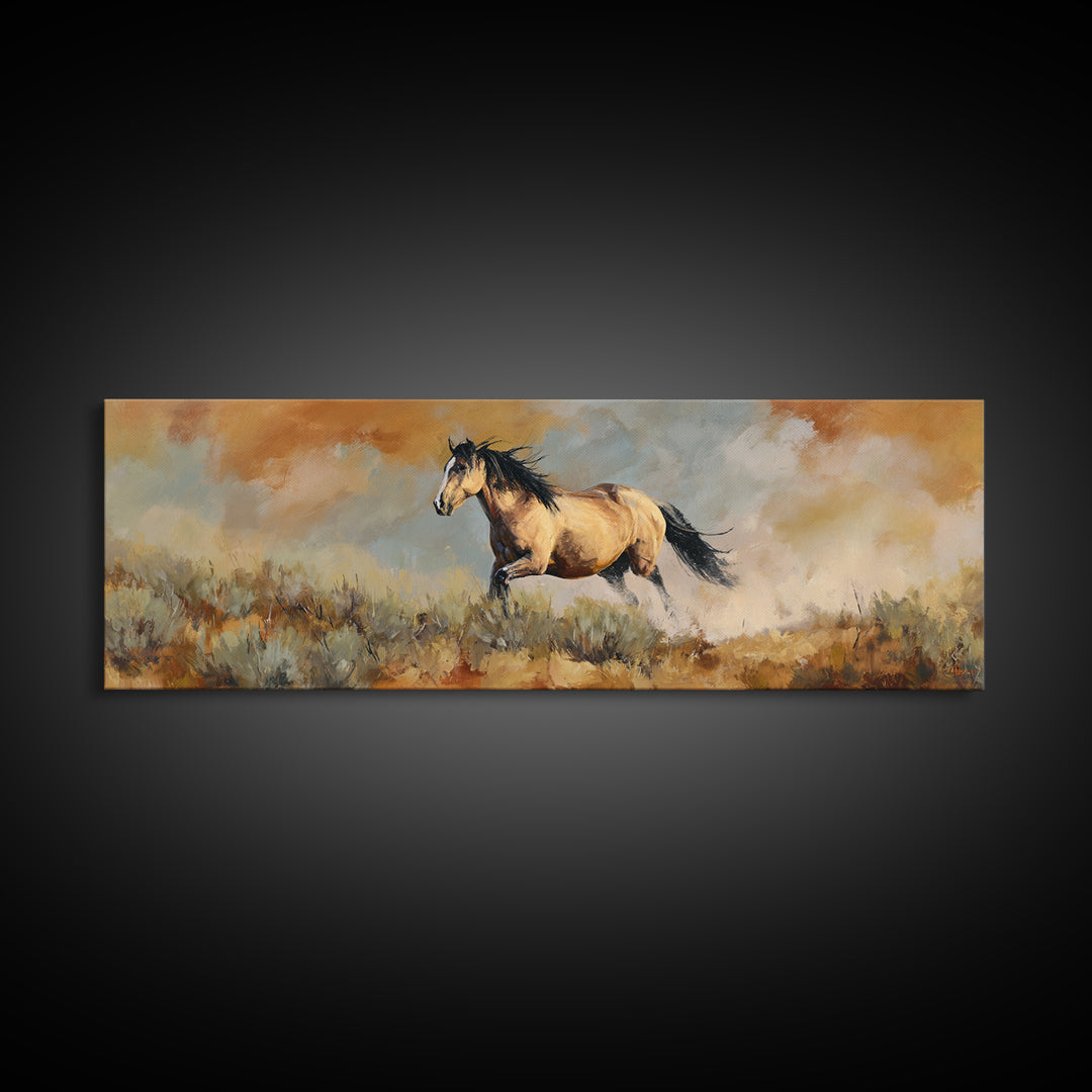 Buckskin Horse in Golden Prairie Light Canvas Print, Western Art, Western Decor, Southwestern Decor, Fine Art, Frontier, WES-3x1-71