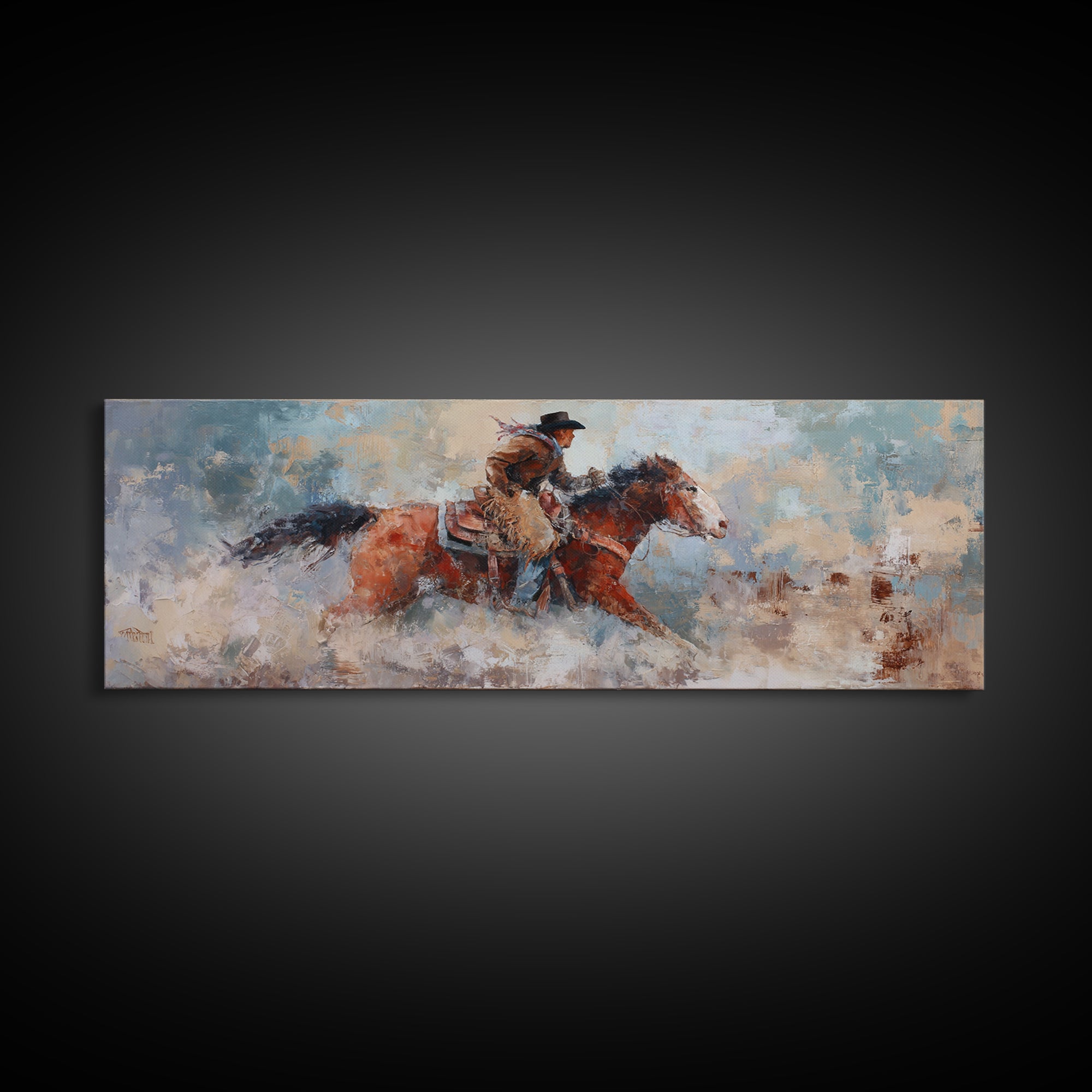 Rodeo Rider Mid Motion Framed Canvas Print, Western Art, Neutral Decor, Southwestern Decor, Fine Art, Frontier, Home Decor, WES-3x1-73