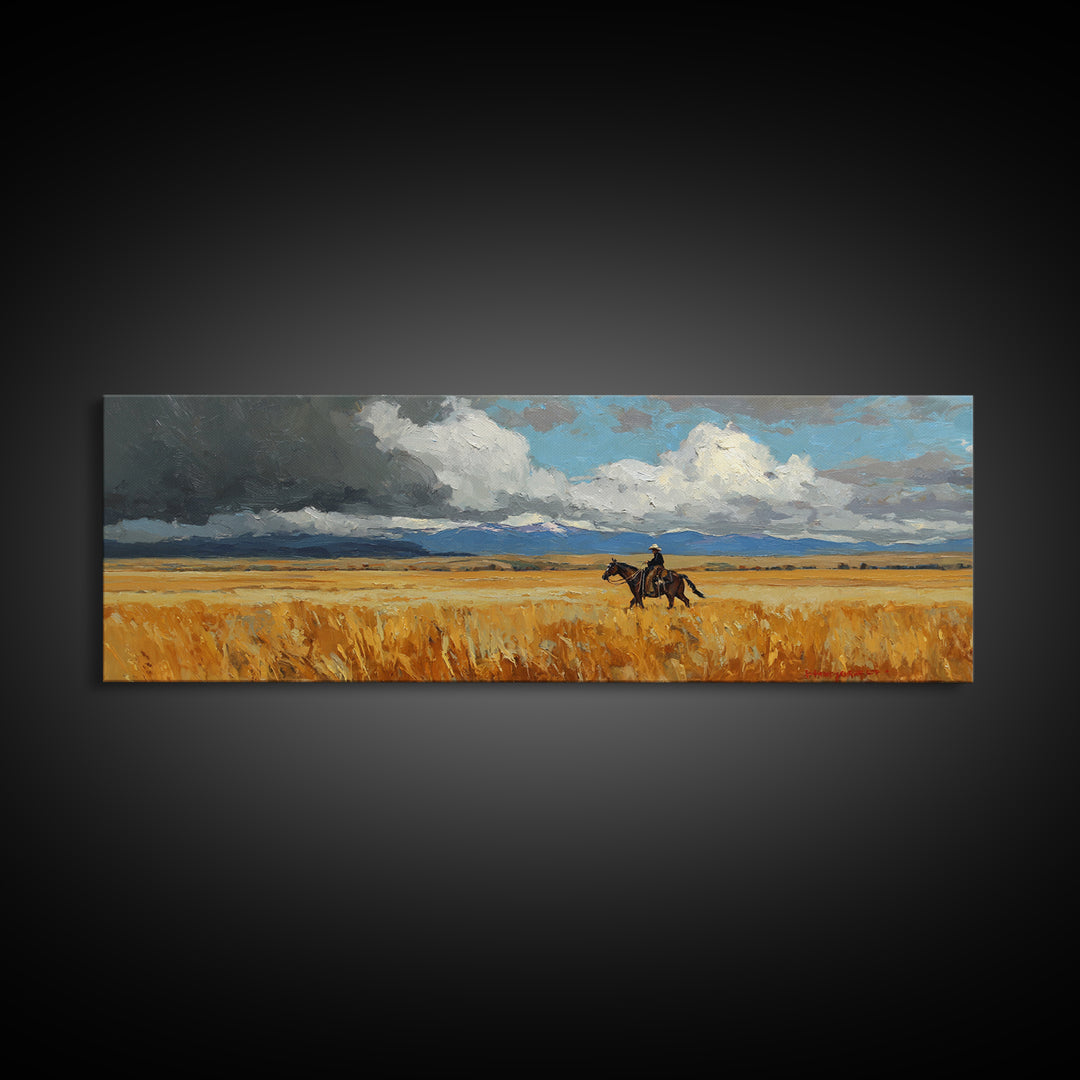 Golden Wheat Field Canvas Print, Western Art, Wall Art, Southwestern Decor, Oil Painting, Frontier, Minimalist Wall Art, WES-3x1-88