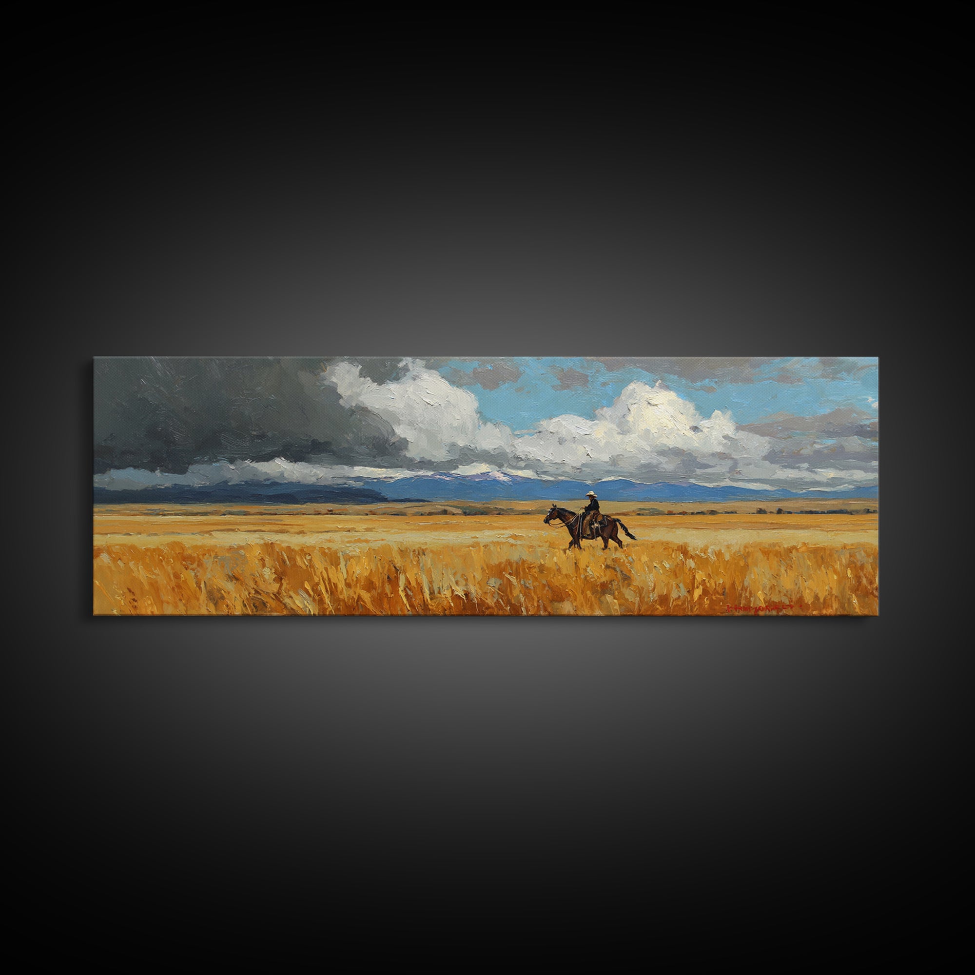 Golden Wheat Field Canvas Print, Western Art, Wall Art, Southwestern Decor, Oil Painting, Frontier, Minimalist Wall Art, WES-3x1-88
