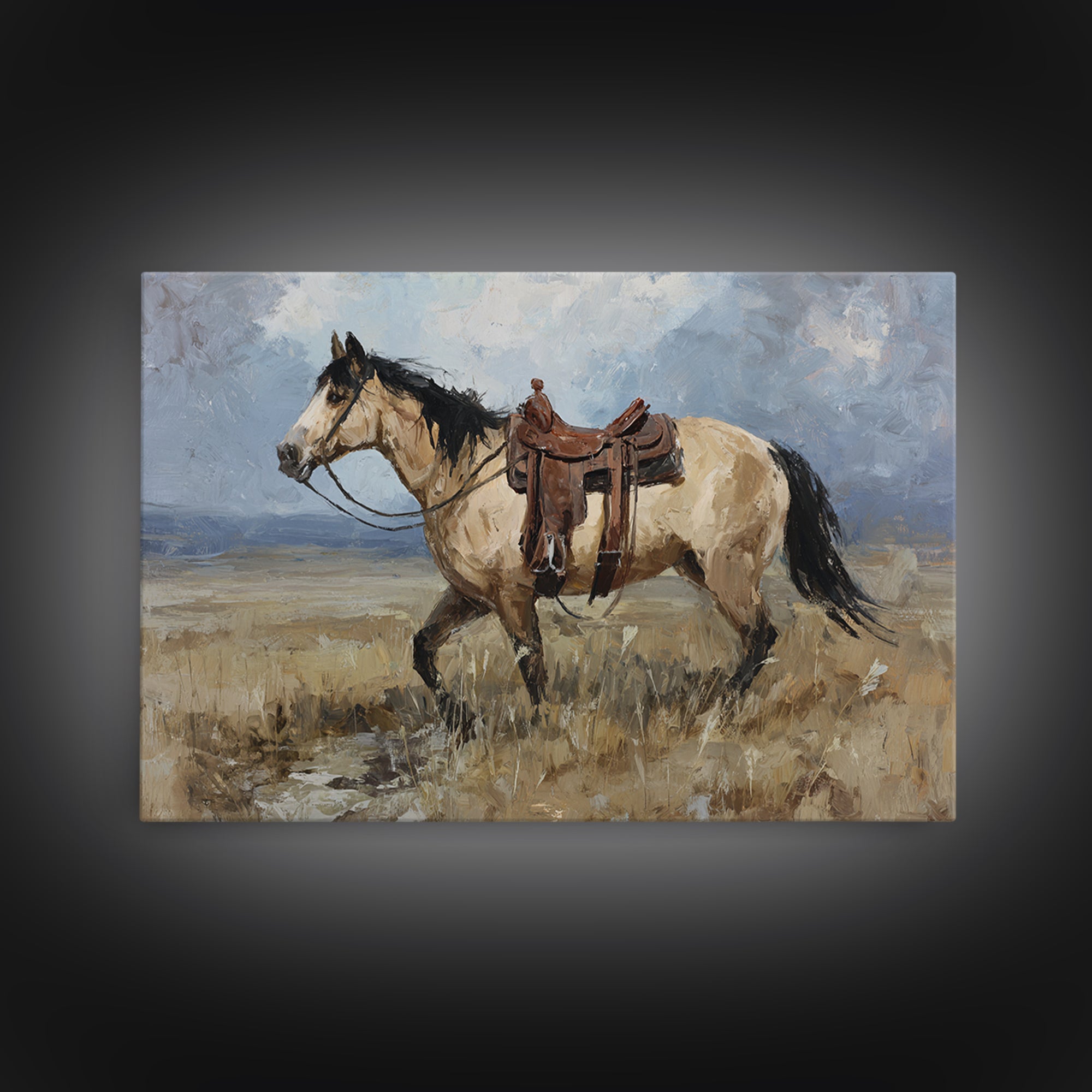 Buckskin Horse in Golden Prairie Light Canvas Print, Western Art, Modern Decor, Southwestern Decor, Fine Art, Frontier, WES-3x2-11