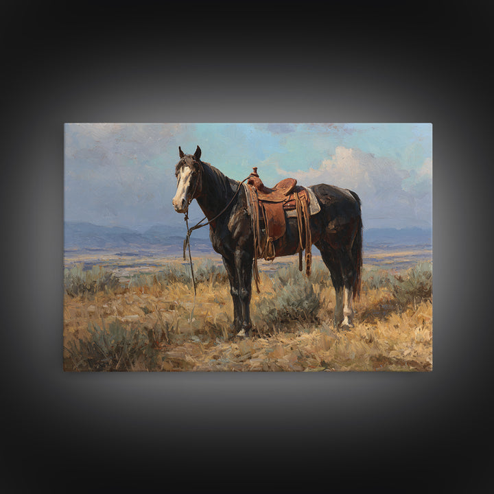 Black Horse Portrait Framed Canvas Print, Western Art, Landscape, Southwestern Decor, Fine Art, Frontier, Modern Decor, WES-3x2-46