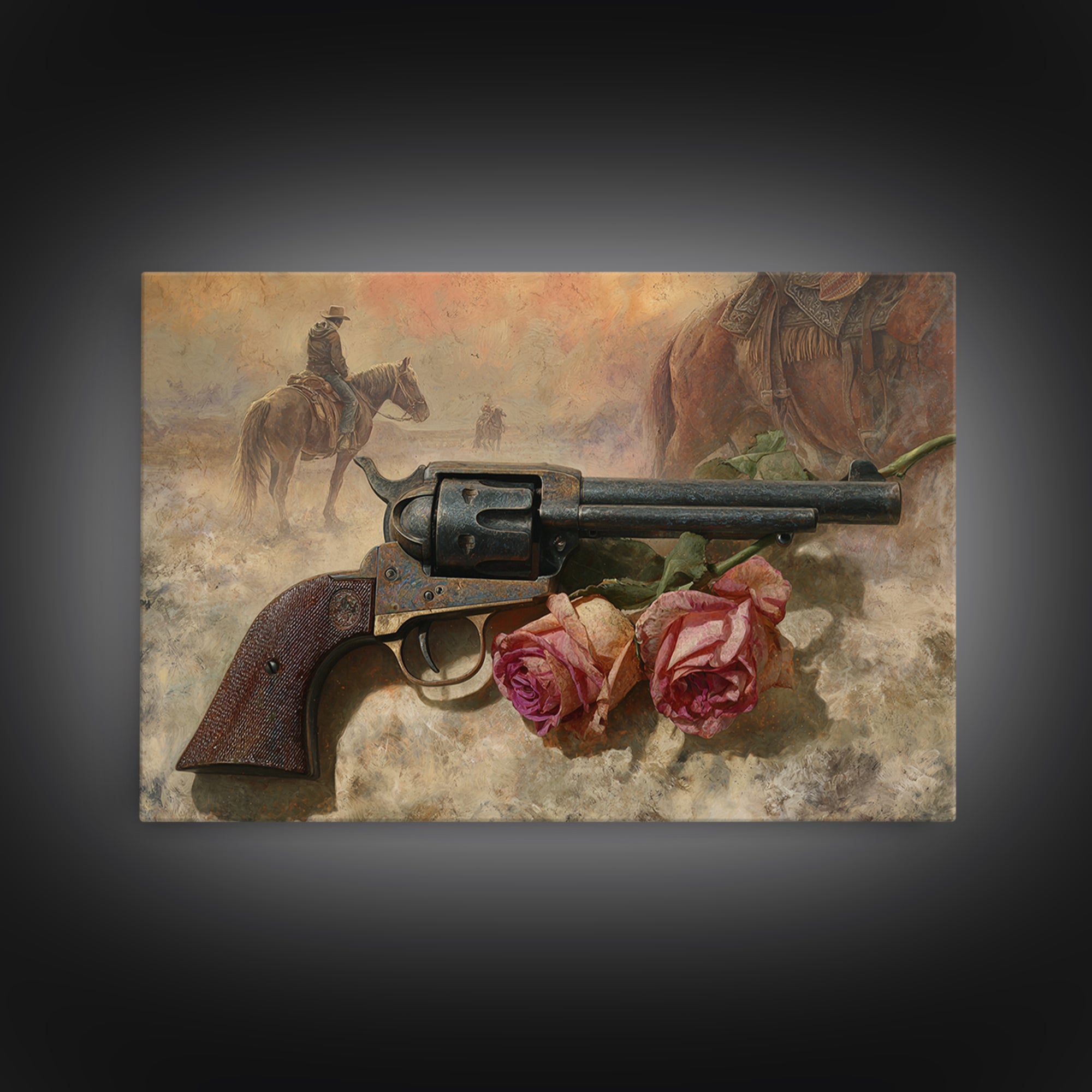 Old Revolver and Roses Framed Canvas Print, Western Art, Oil Painting, Southwestern Decor, Frontier, Digital Download Art, WES-3x2-47