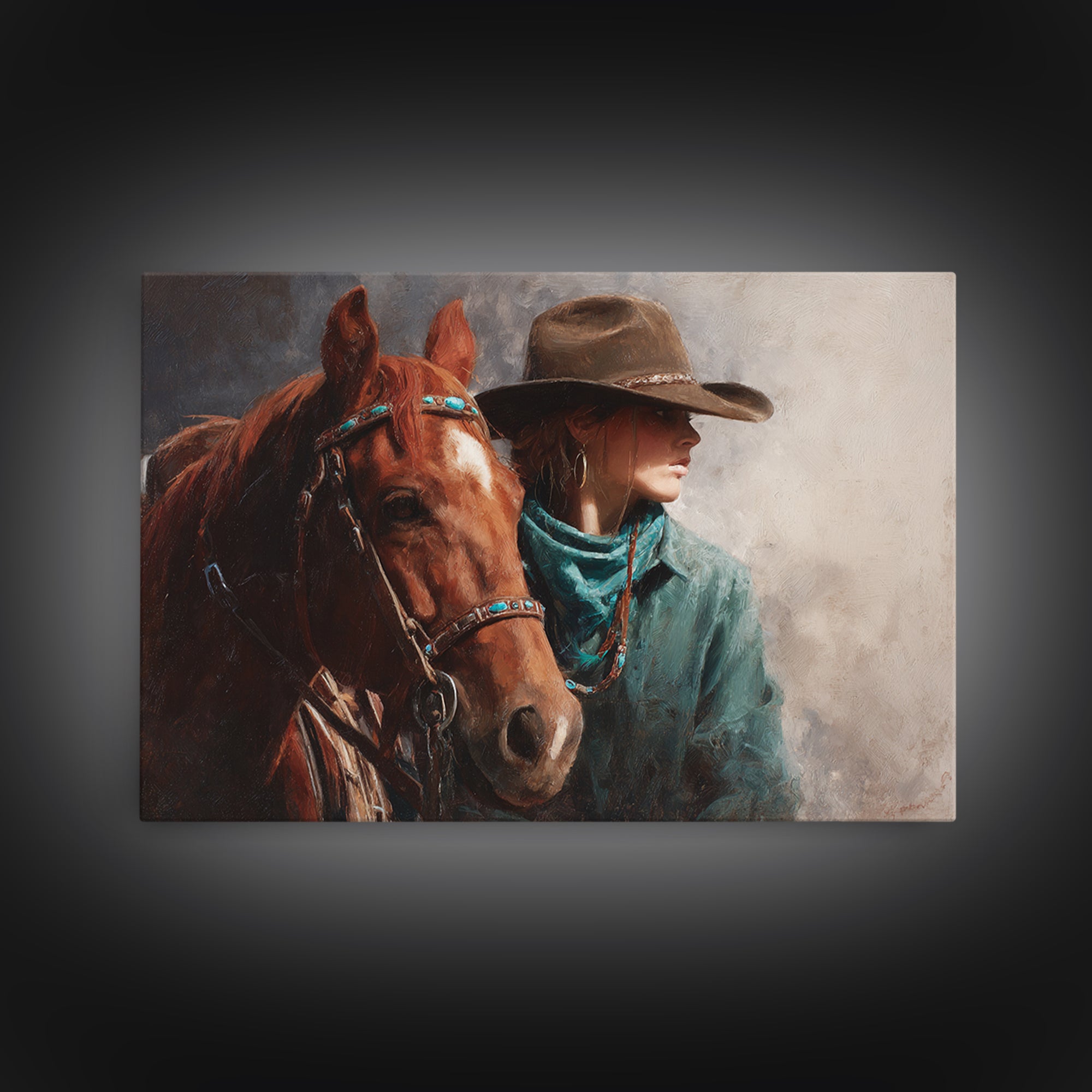 Cowgirl Portrait with Turquoise Jewelry Canvas Print, Western Art, Southwestern Decor, Fine Art, Frontier, Boho Decor, WES-3x2-58