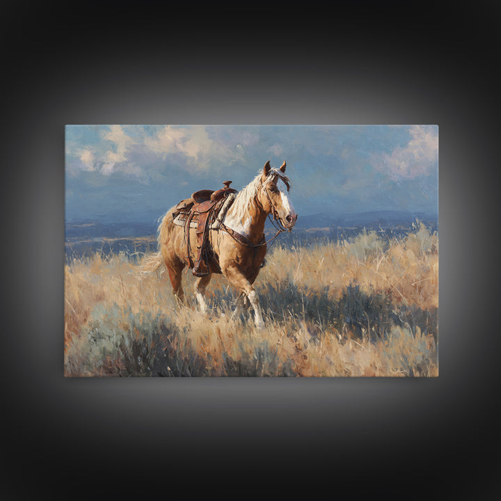 Buckskin Horse in Golden Prairie Light Framed Canvas Print, Western Art, Oil Painting, Southwestern Decor, Frontier, Landscape, WES-3x2-59
