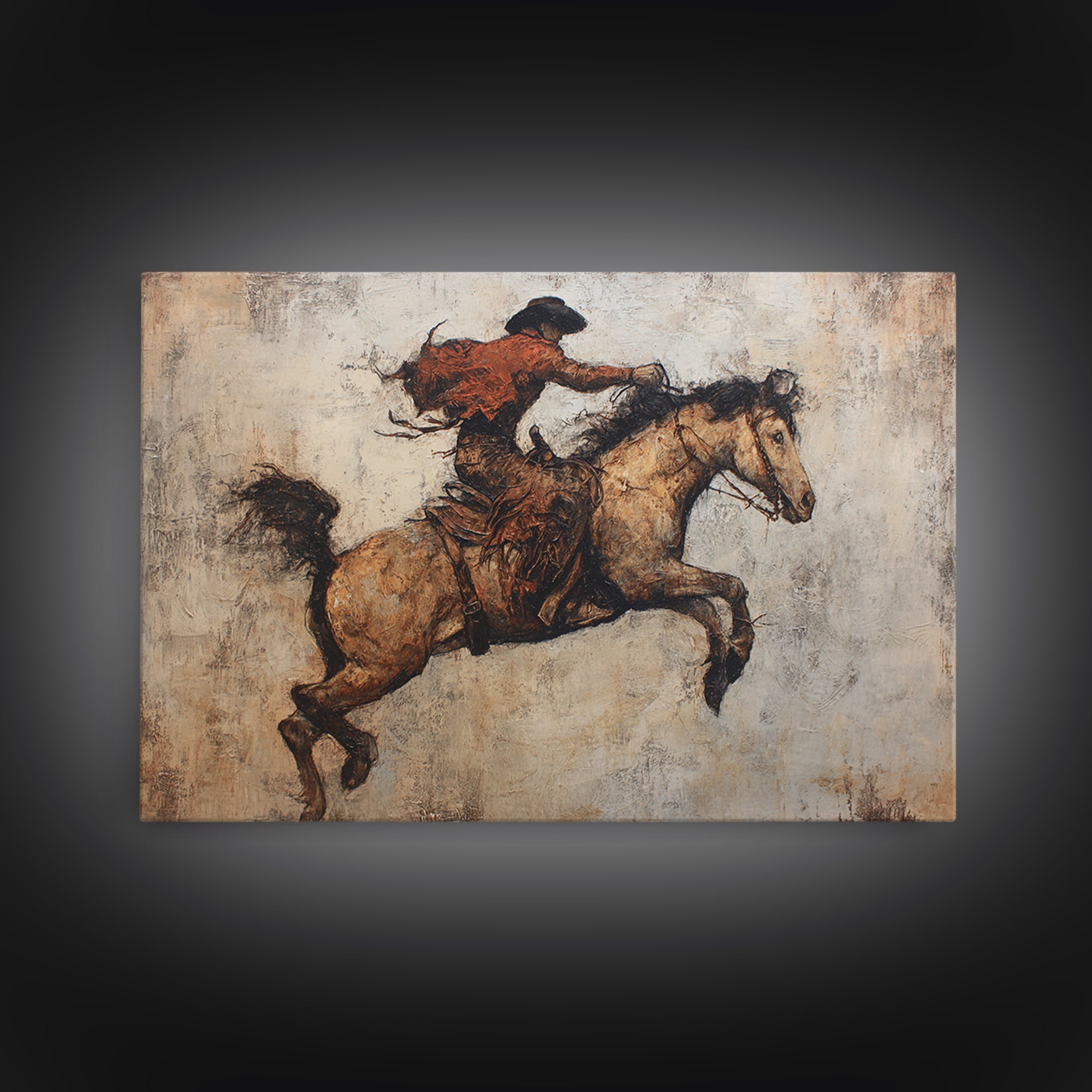 Rodeo Rider Mid Motion Canvas Print, Western Art, Desert Art, Southwestern Decor, Oil Painting, Frontier, Minimalist Decor, WES-3x2-61