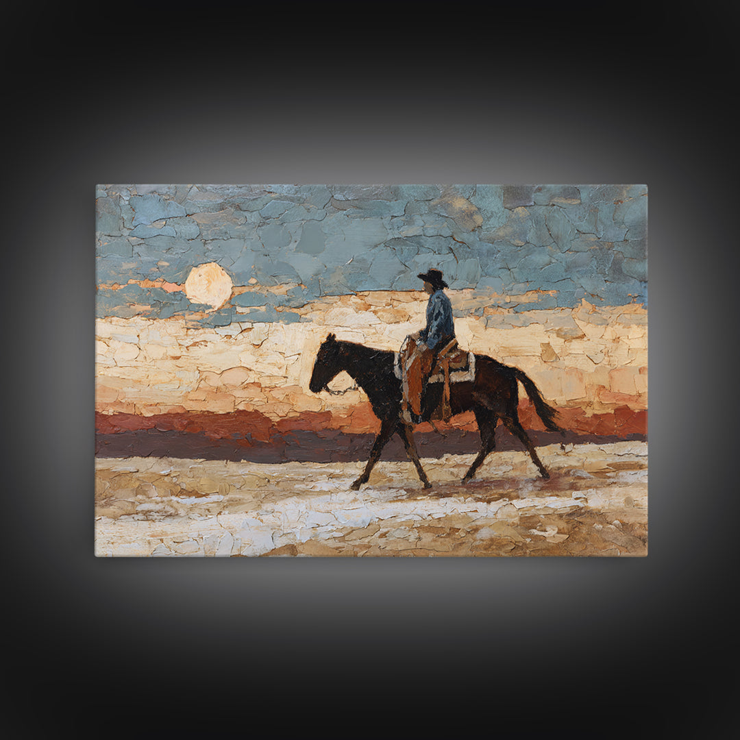 Desert Moon over Lone Rider Framed Canvas Print, Western Art, Western Home Decor, Southwestern Decor, Oil Painting, Frontier, WES-3x2-63