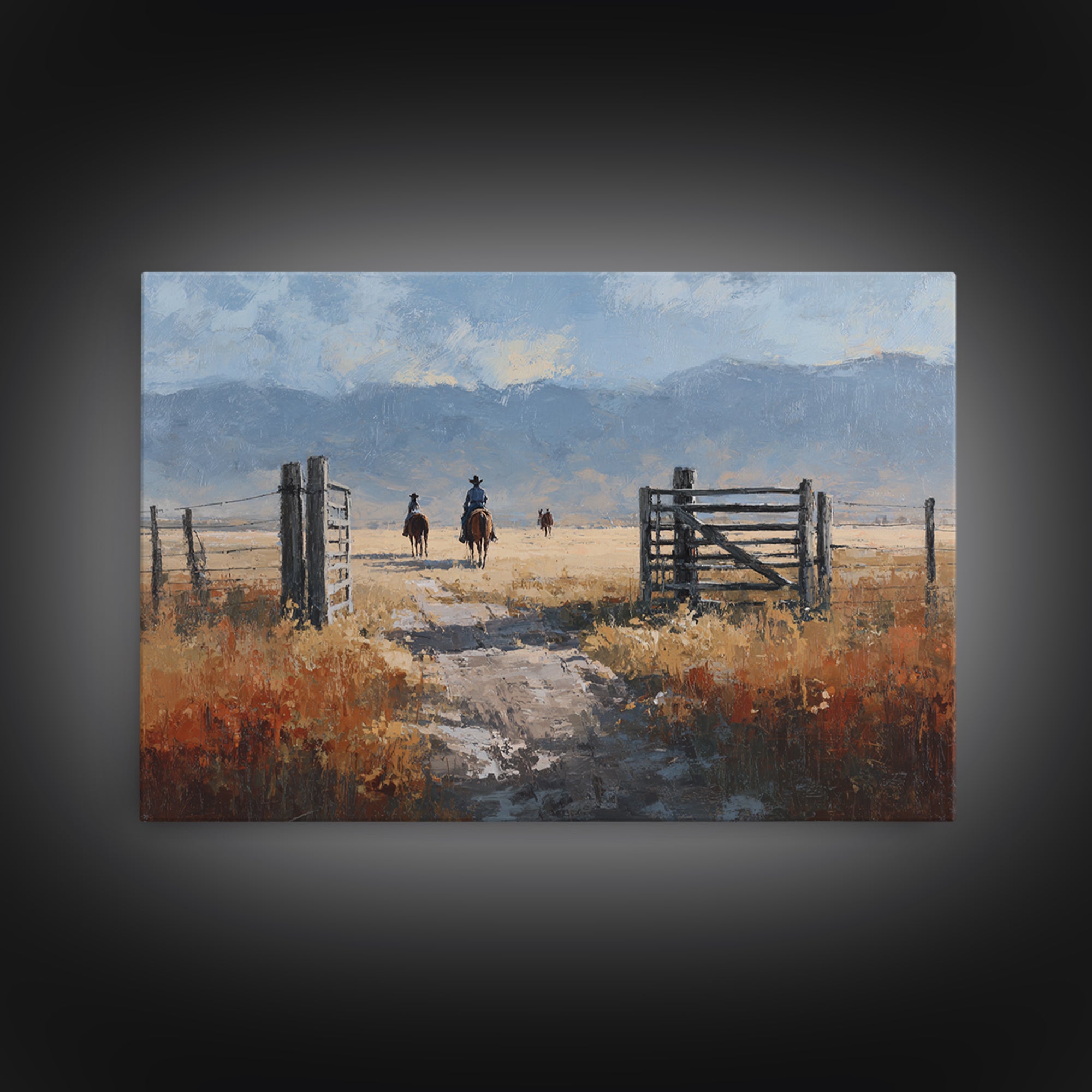 Sun Bleached Ranch Gate Framed Canvas Print, Western Art, Western Wall Art, Southwestern Decor, Watercolor Art, Frontier, WES-3x2-91