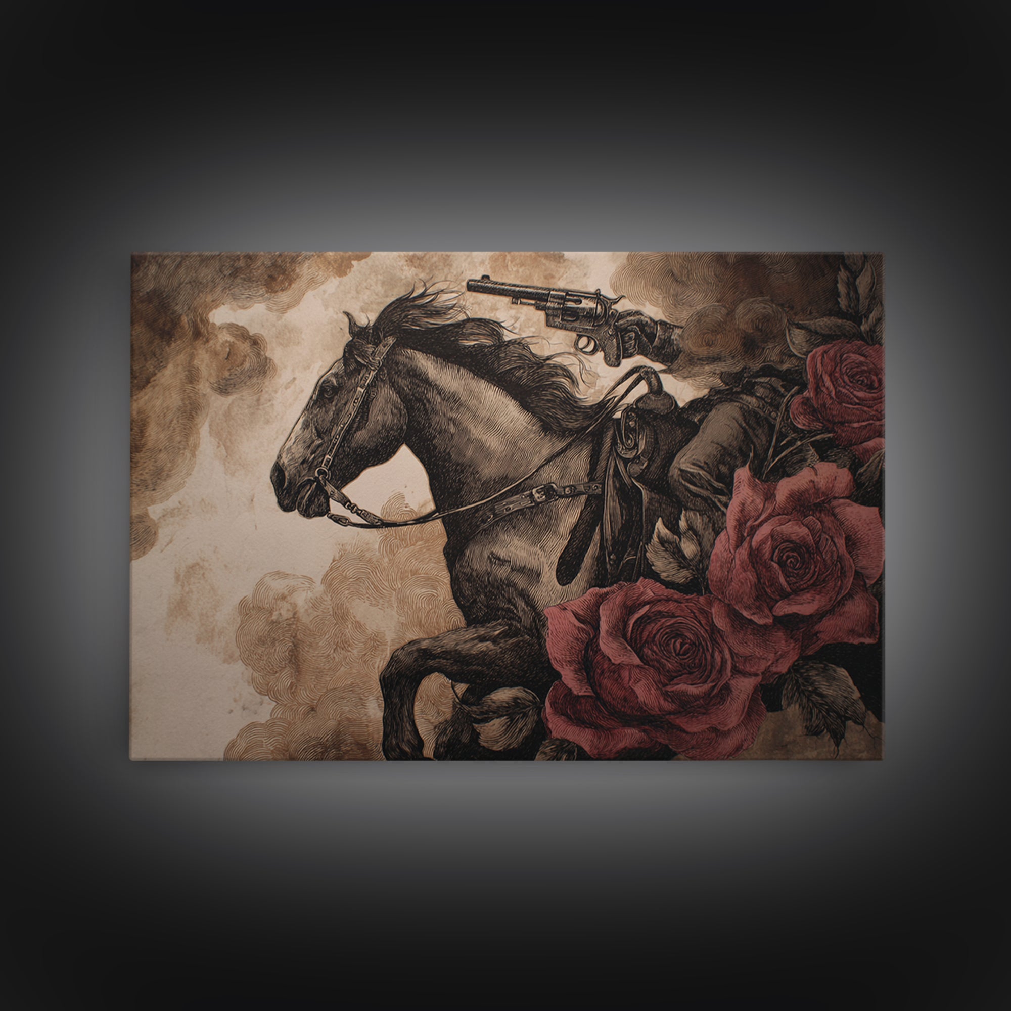 Old Revolver and Roses Framed Canvas Print, Western Art, Printable Art, Southwestern Decor, Frontier, Western Home Decor, WES-3x2-95
