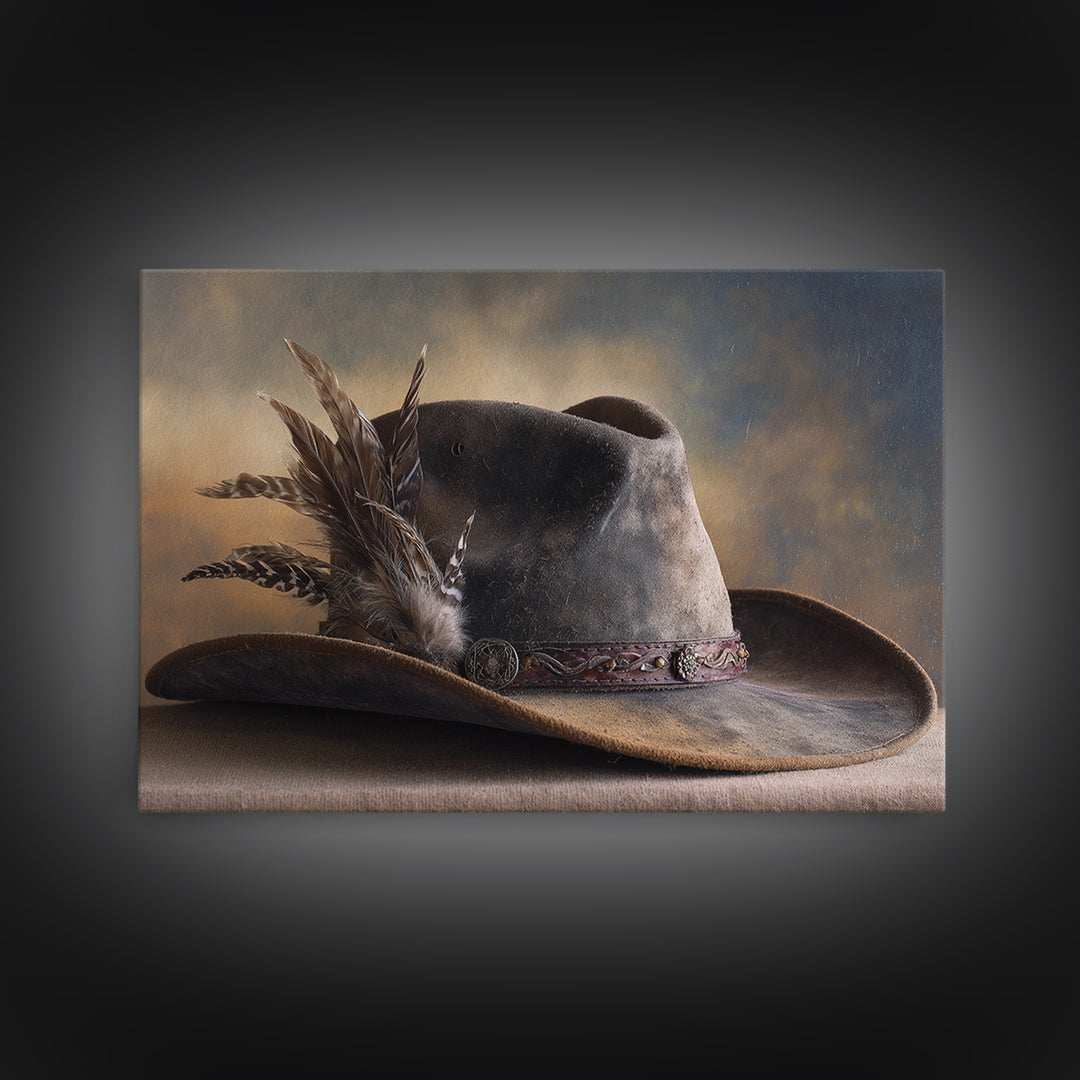 Cowboy Hat with Feathers and Beads Canvas Print, Western Art, Western Print, Southwestern Decor, Fine Art, Frontier, WES-3x2-98