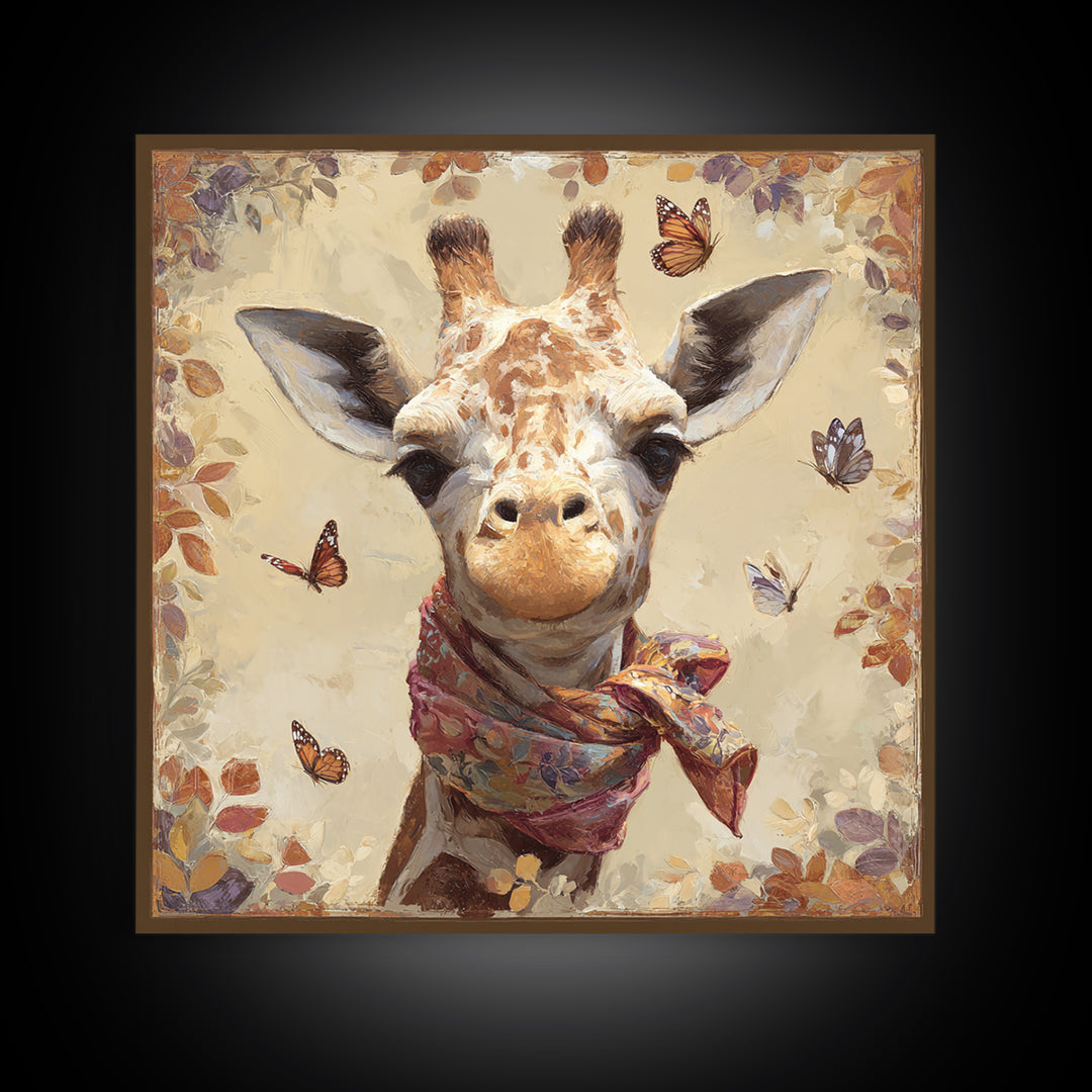 Giraffe with Scarf and Butterflies Canvas Print, Whimsical Art, Nursery Wall Decor, Living Room Decor, Fine Art, Wonder, WHI-1x1-10
