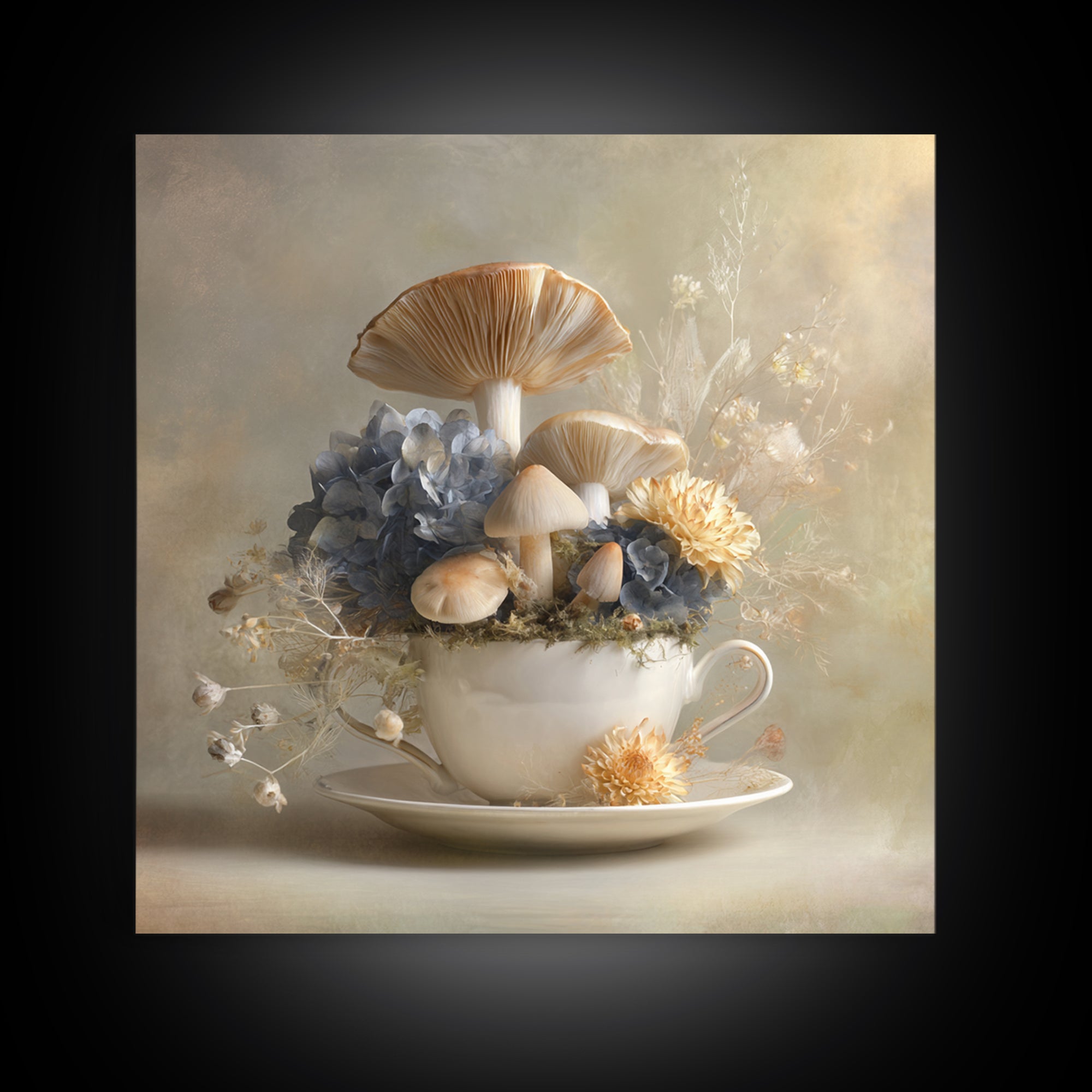 Teacup Garden with Tiny Mushrooms Framed Canvas Print, Whimsical Art, Watercolor Art, Living Room Decor, Fine Art, Wonder, WHI-1x1-100