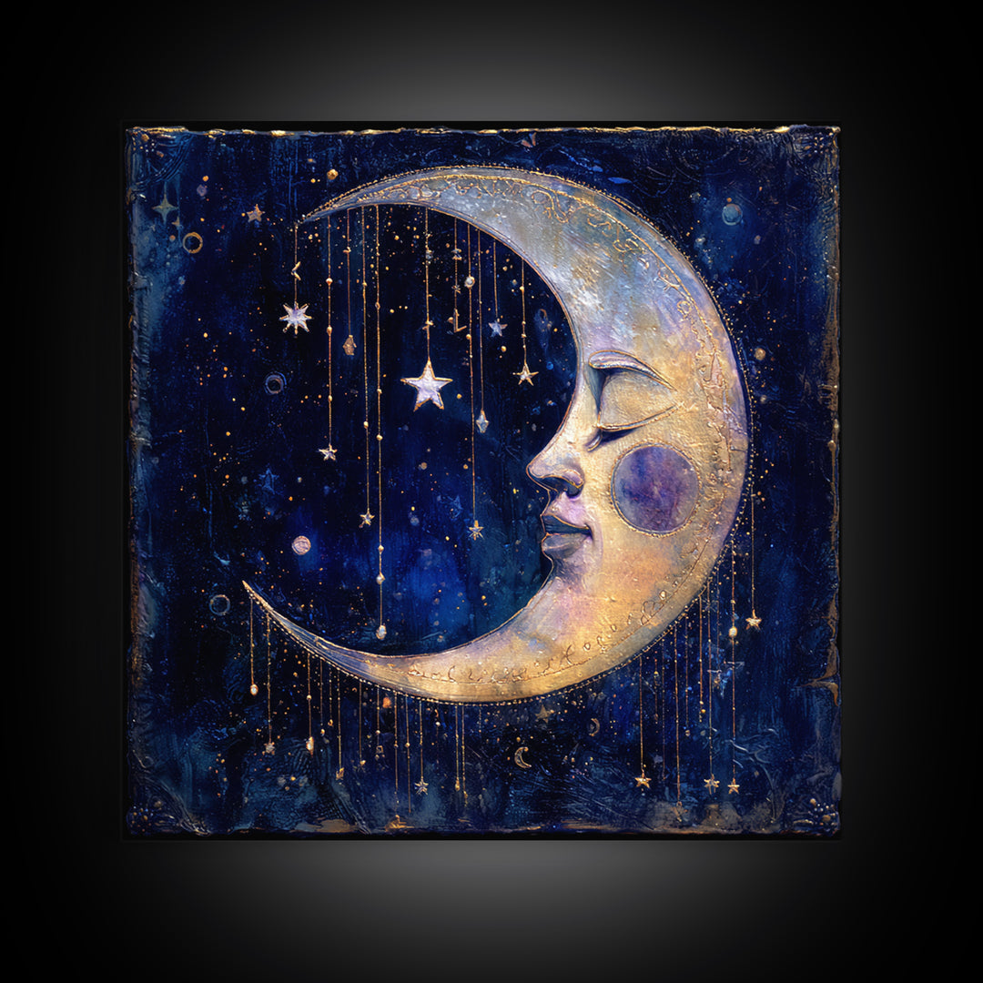 Moon with Sleeping Face and Dangling Stars Framed Canvas Print, Whimsical Art, Printable Art, Living Room Decor, Wonder, WHI-1x1-16