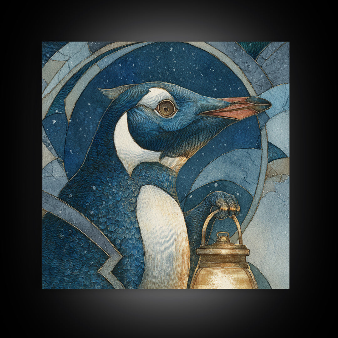 Penguin Holding a Lantern Canvas Print, Whimsical Art, Gallery Decor, Living Room Decor, Fine Art, Wonder, Wall Art, Home Decor, WHI-1x1-17