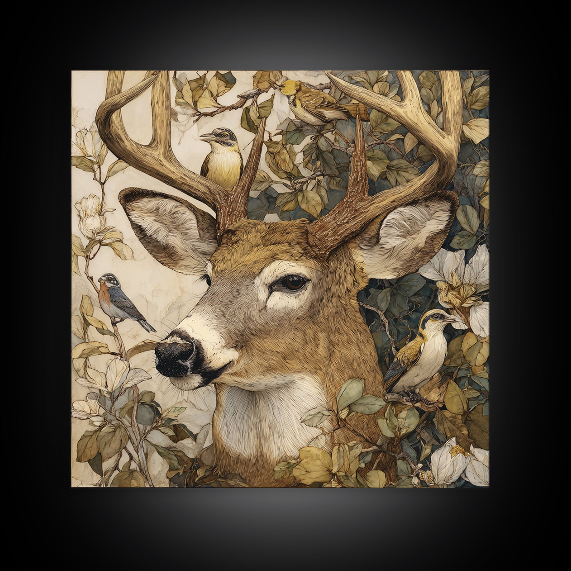 Deer with Antlers Full of Birds Canvas Print, Whimsical Art, Printable Art, Living Room Decor, Watercolor Art, Wonder, WHI-1x1-19