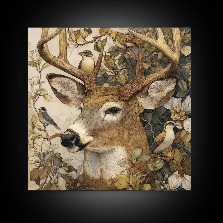 Deer with Antlers Full of Birds Canvas Print, Whimsical Art, Printable Art, Living Room Decor, Watercolor Art, Wonder, WHI-1x1-19