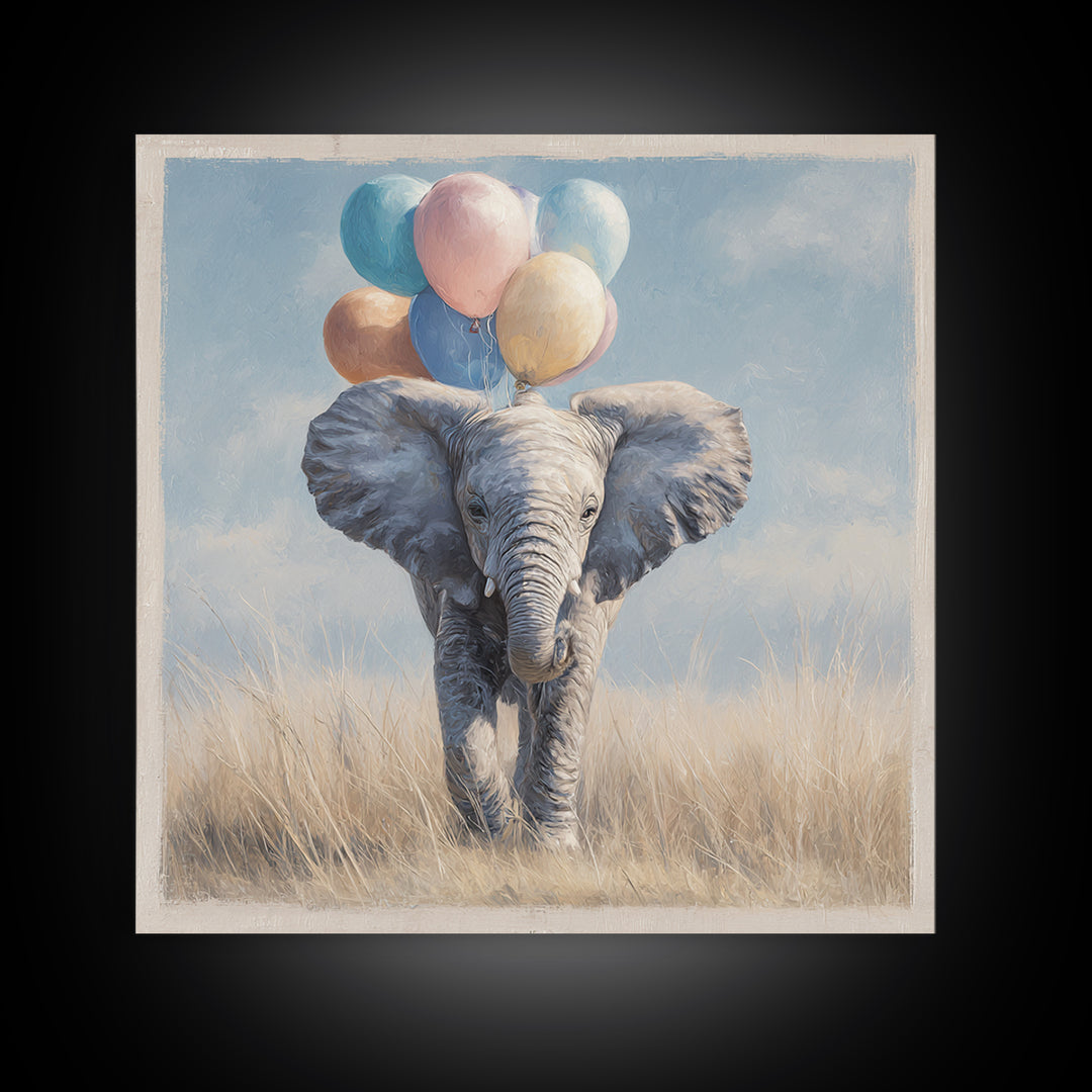 Elephant Holding Balloons Framed Canvas Print, Whimsical Art, Nursery, Living Room Decor, Fine Art, Wonder, Watercolor Art, WHI-1x1-27