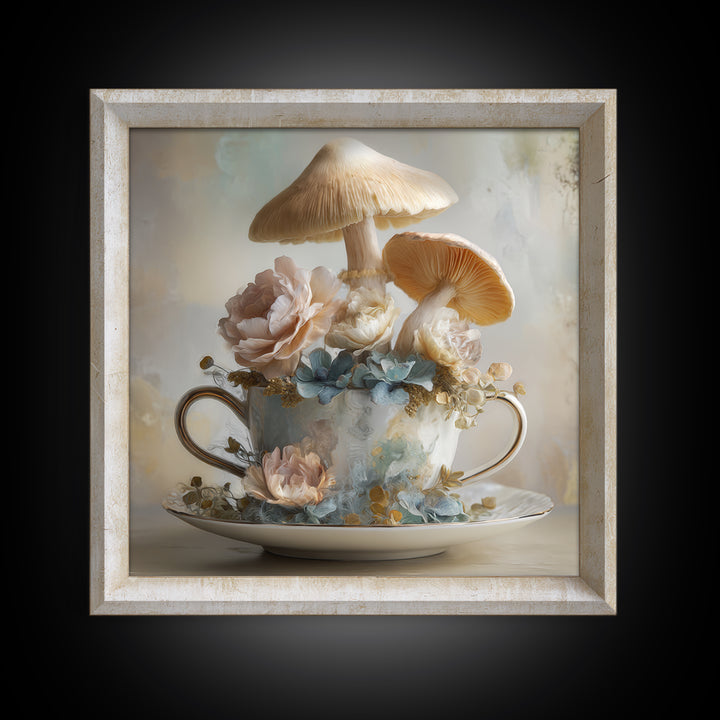 Teacup Garden with Tiny Mushrooms Framed Canvas Print, Whimsical Art, Printable Wall Art, Living Room Decor, Fine Art, Wonder, WHI-1x1-28