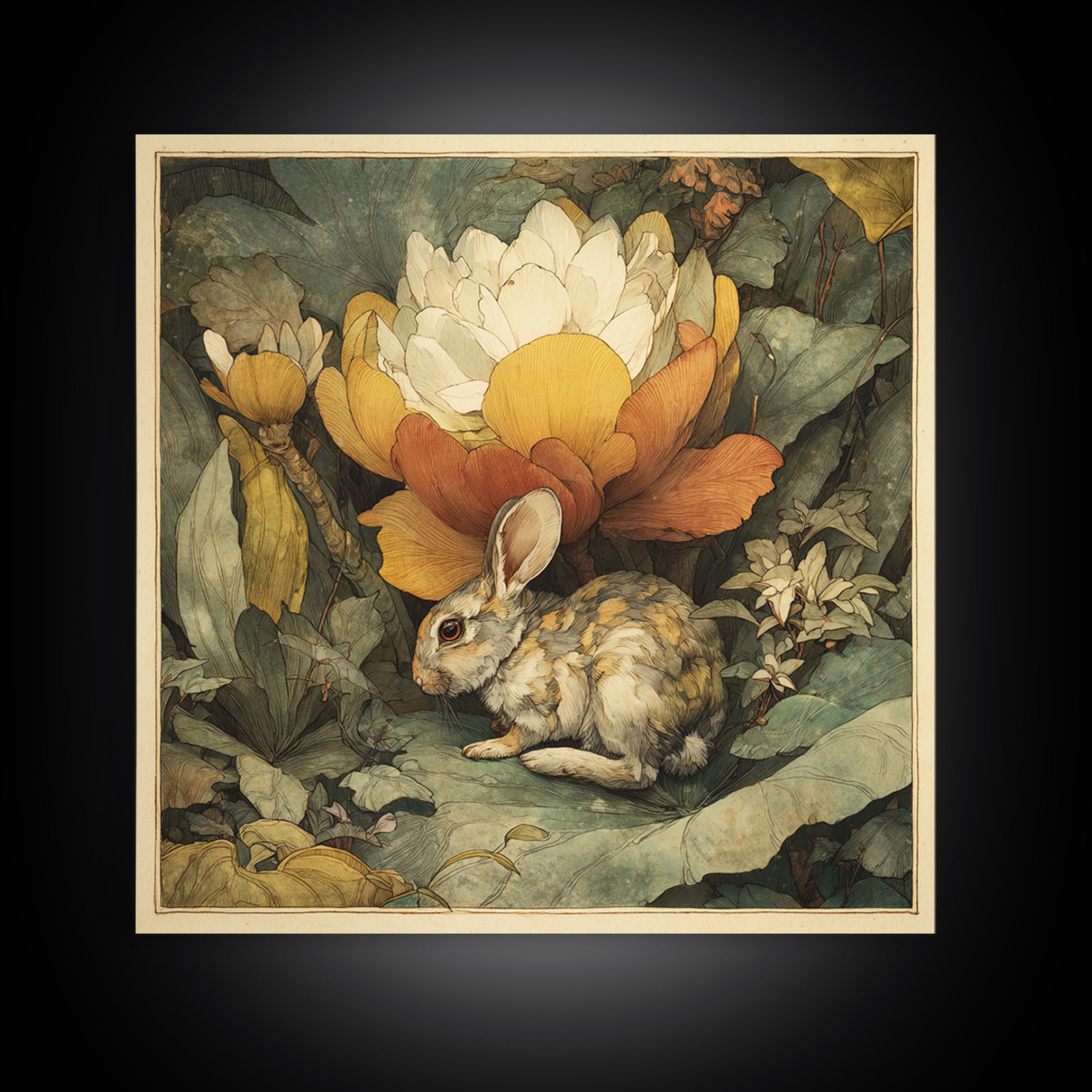 Rabbit Reading Beneath a Giant Flower Framed Canvas Print, Whimsical Art, Textured Painting, Living Room Decor, Wonder, WHI-1x1-29