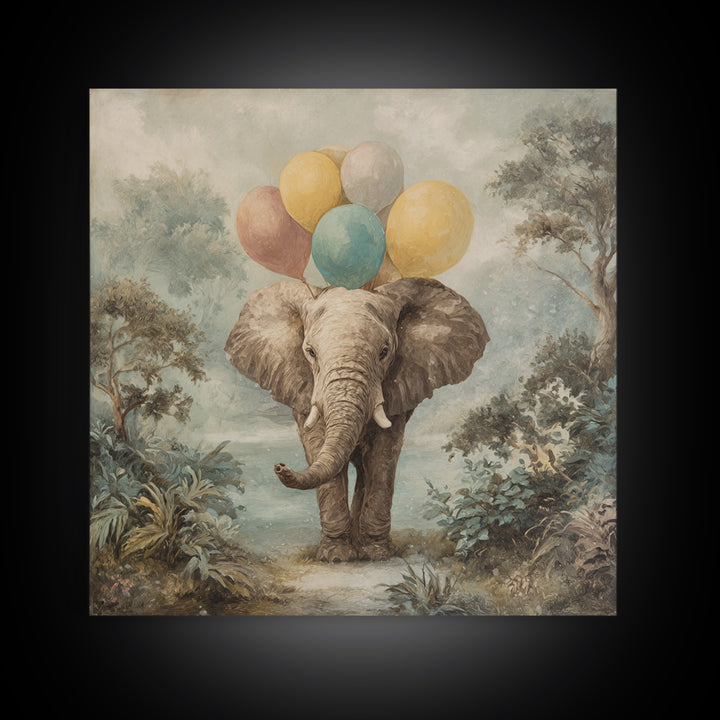 Elephant Holding Balloons Canvas Print, Whimsical Art, Art Nouveau, Living Room Decor, Abstract Art, Wonder, Nursery Wall Decor, WHI-1x1-3