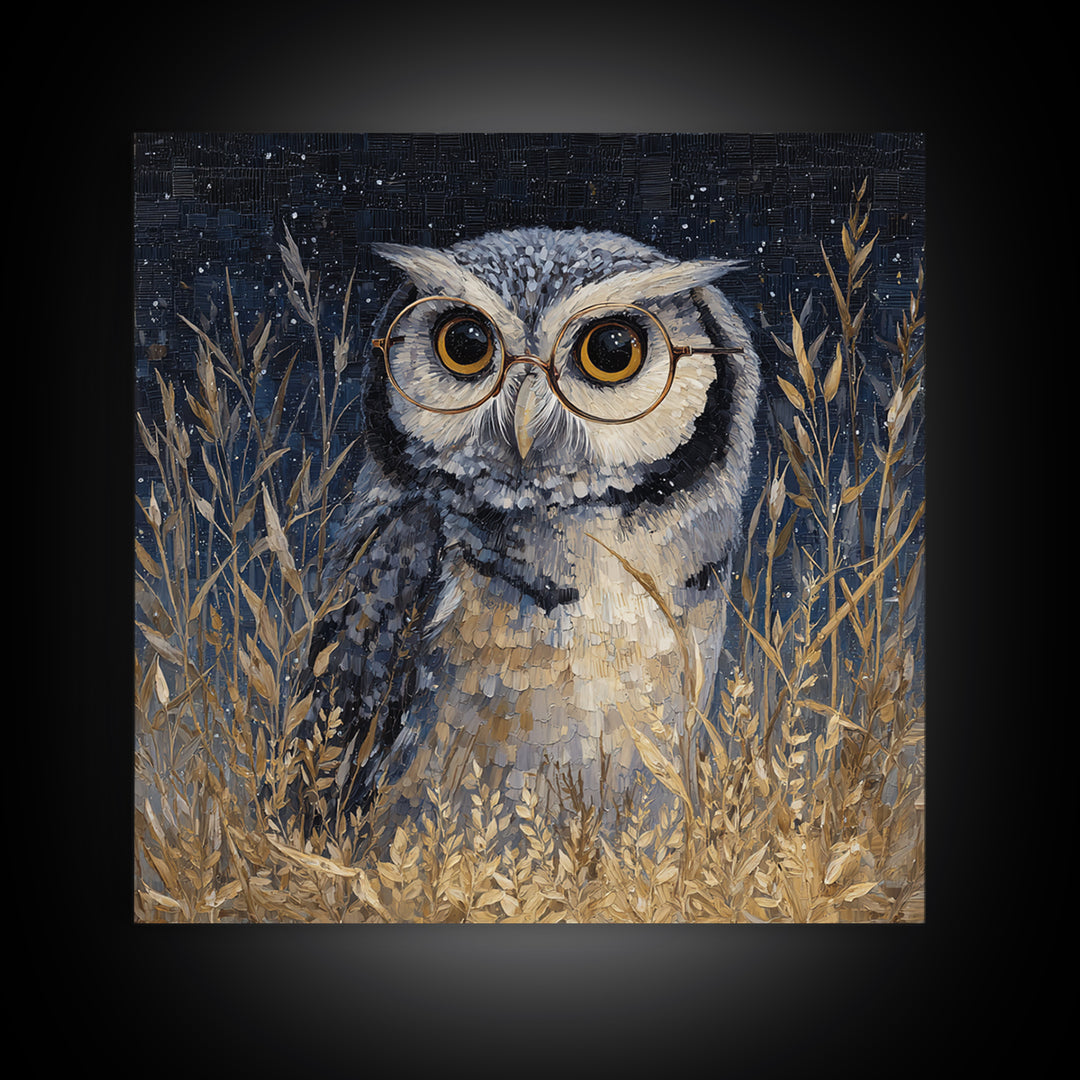 Owl Wearing Spectacles Among Stars Canvas Print, Whimsical Art, Nursery Prints, Living Room Decor, Oil Painting, Wonder, WHI-1x1-30