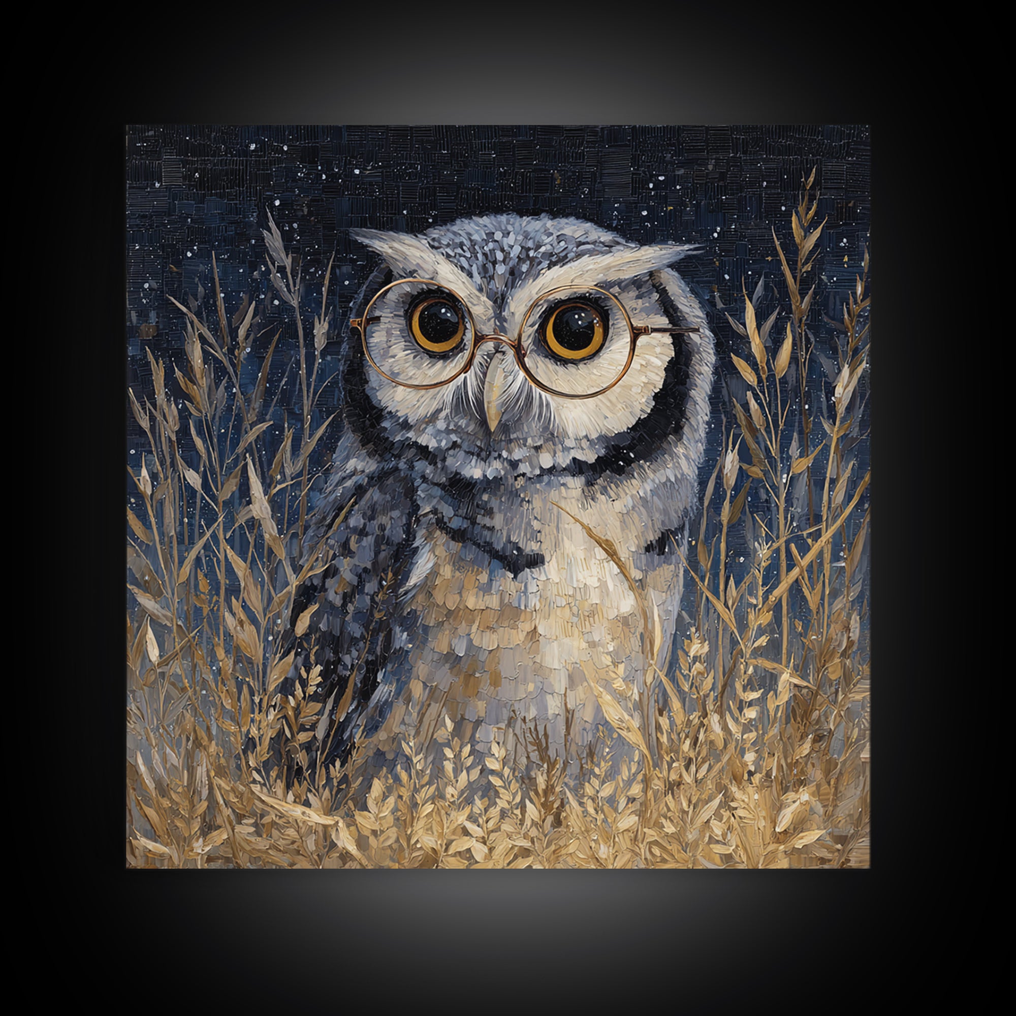 Owl Wearing Spectacles Among Stars Canvas Print, Whimsical Art, Nursery Prints, Living Room Decor, Oil Painting, Wonder, WHI-1x1-30