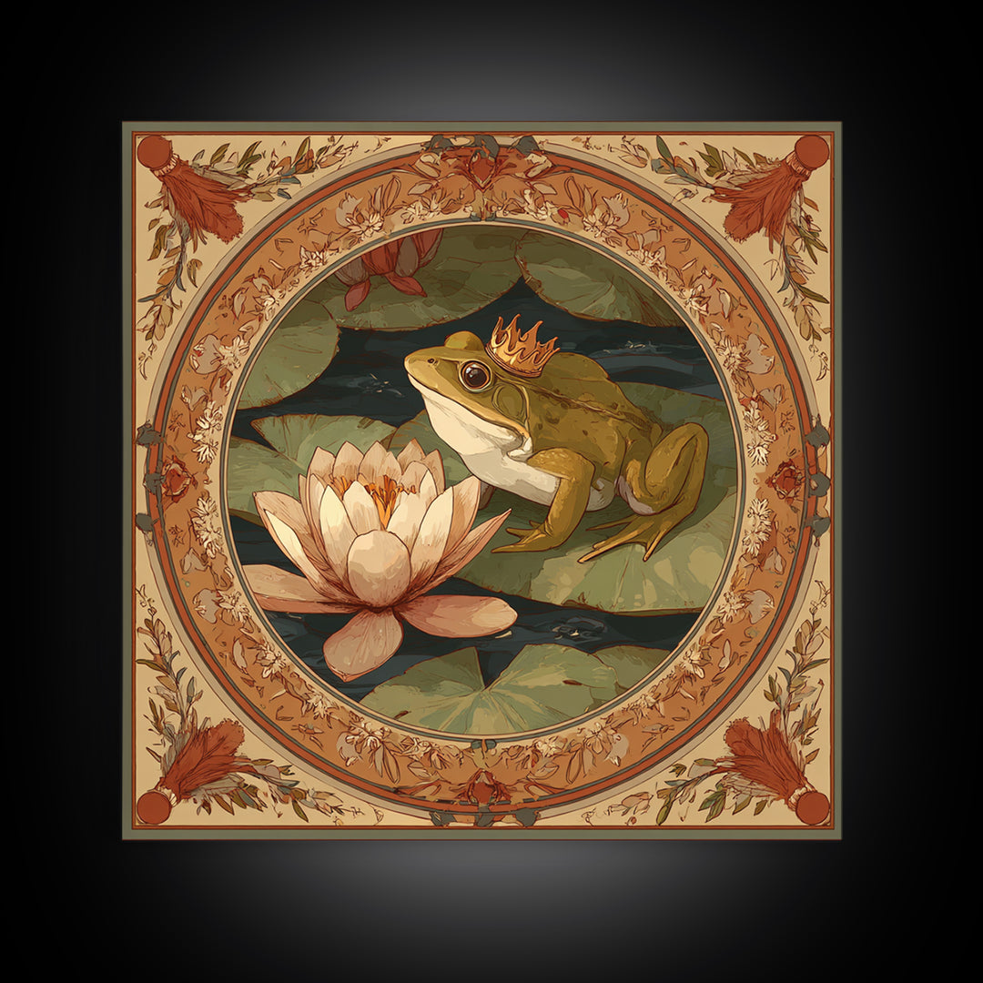 Frog Prince on a Lily Pad Framed Canvas Print, Whimsical Art, Gallery Decor, Living Room Decor, Fine Art, Wonder, Wall Art, WHI-1x1-32