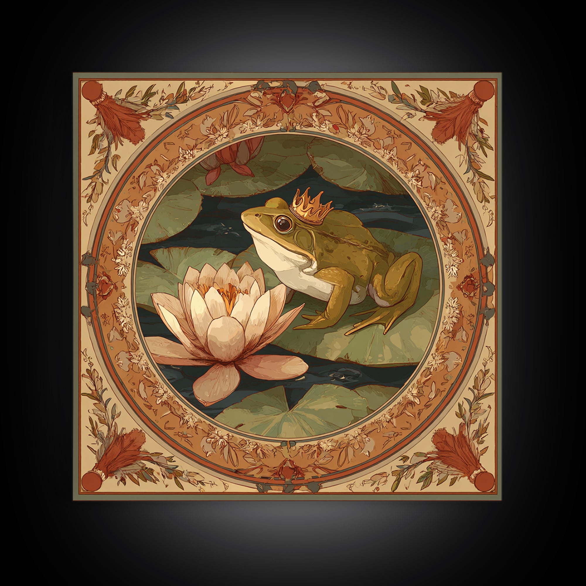 Frog Prince on a Lily Pad Framed Canvas Print, Whimsical Art, Gallery Decor, Living Room Decor, Fine Art, Wonder, Wall Art, WHI-1x1-32