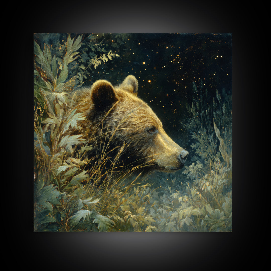 Bear Painting Stars Onto the Night Sky Framed Canvas Print, Whimsical Art, Living Room Decor, Abstract Art, Wonder, WHI-1x1-33