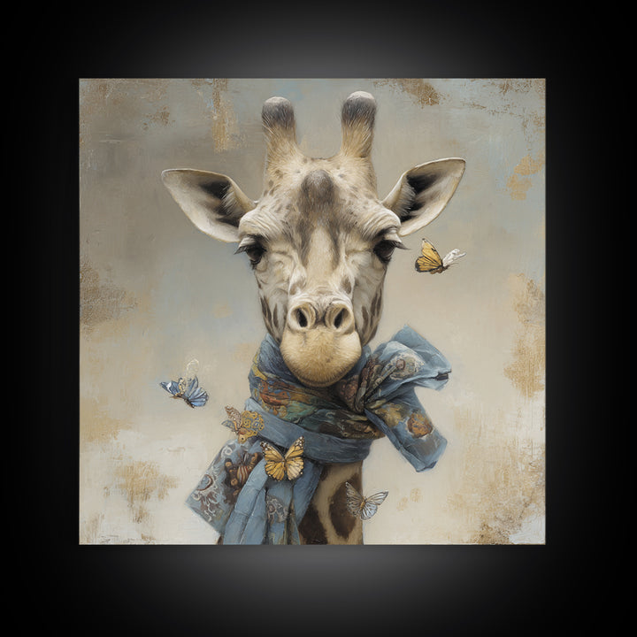 Giraffe with Scarf and Butterflies Framed Canvas Print, Whimsical Art, Watercolor Art, Living Room Decor, Wonder, WHI-1x1-34
