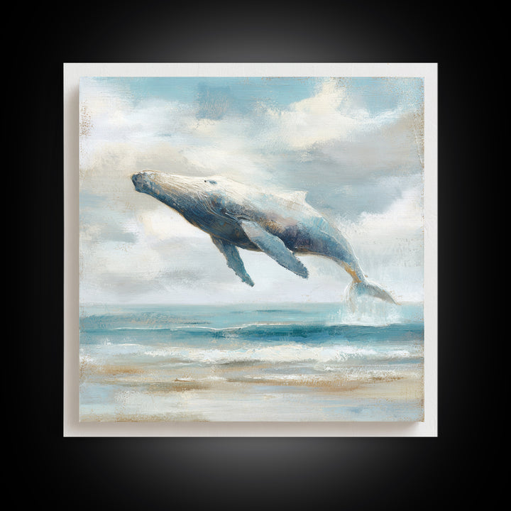 Whale Flying Through Clouds Like Ocean Framed Canvas Print, Whimsical Art, Boho Decor, Living Room Decor, Fine Art, Wonder, WHI-1x1-37