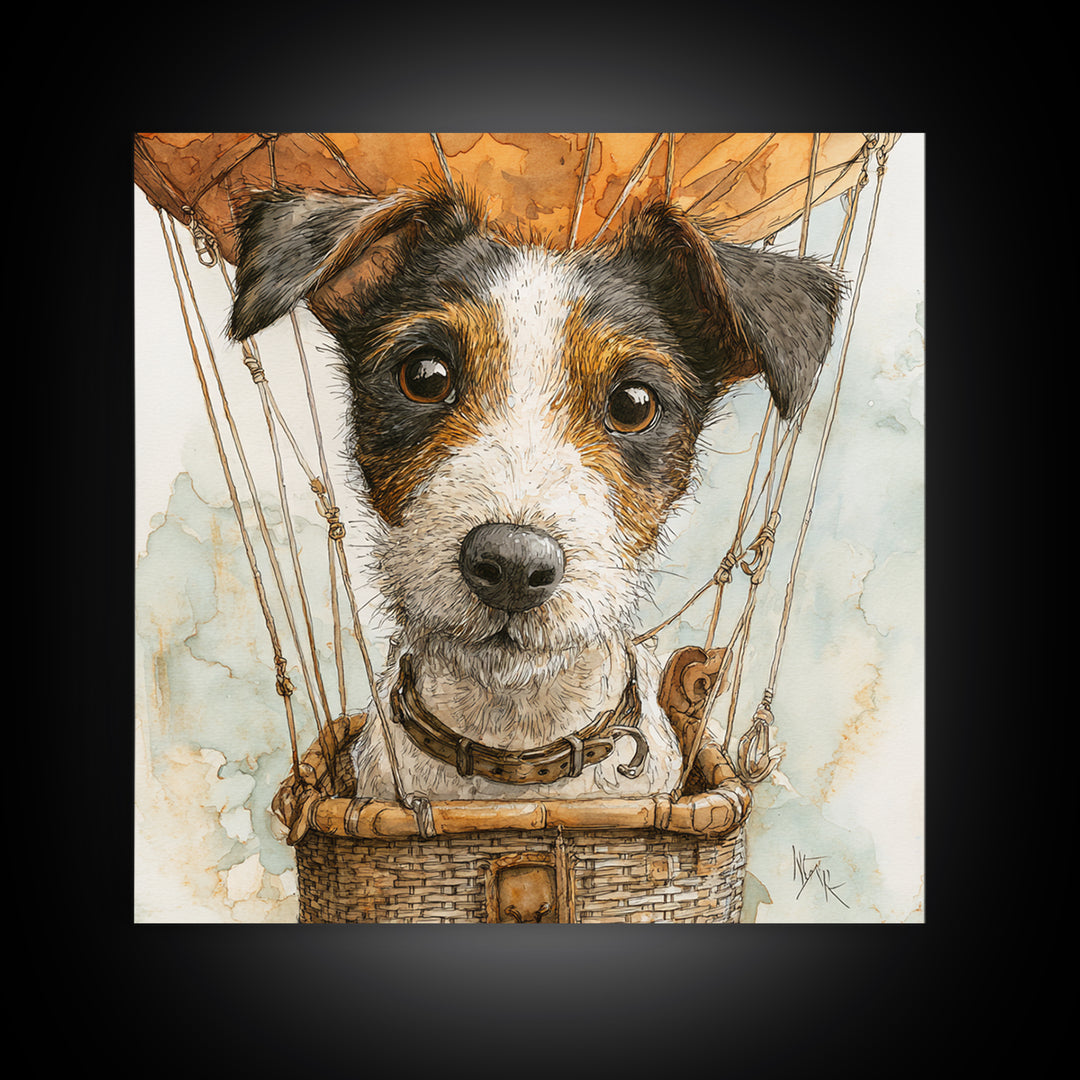 Dog in a Hot Air Balloon Framed Canvas Print, Whimsical Art, Gallery Decor, Living Room Decor, Fine Art, Wonder, Wall Art, WHI-1x1-38